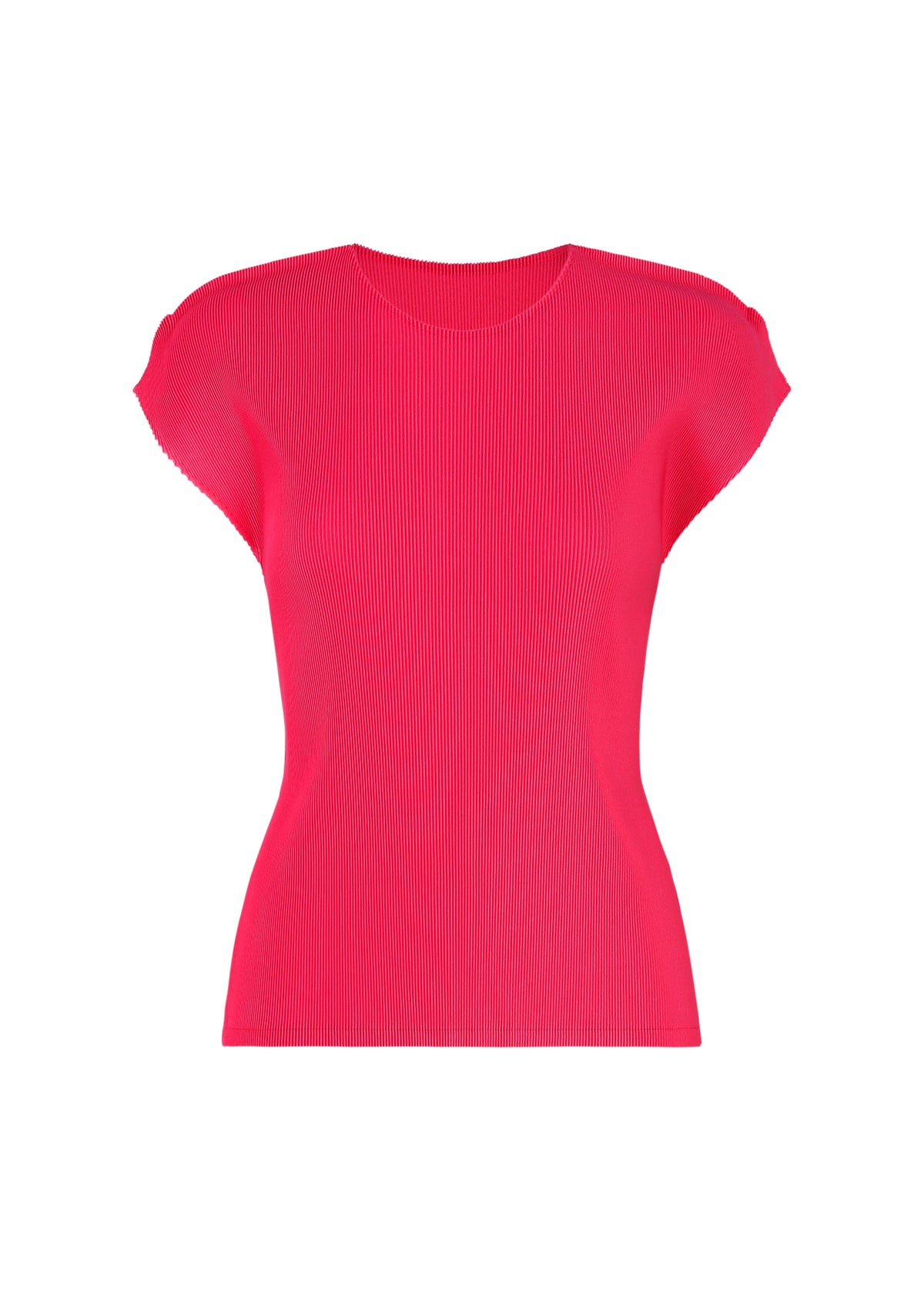 The MIST JUNE by PLEATS PLEASE ISSEY MIYAKE is a vibrant pink, short-sleeved ribbed knit top with fine pleats and a round neck, shown against a plain white background. view 2 of 7