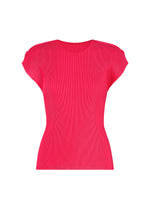 The MIST JUNE by PLEATS PLEASE ISSEY MIYAKE is a vibrant pink, short-sleeved ribbed knit top with fine pleats and a round neck, shown against a plain white background. - BRIGHT PINK （no.26）