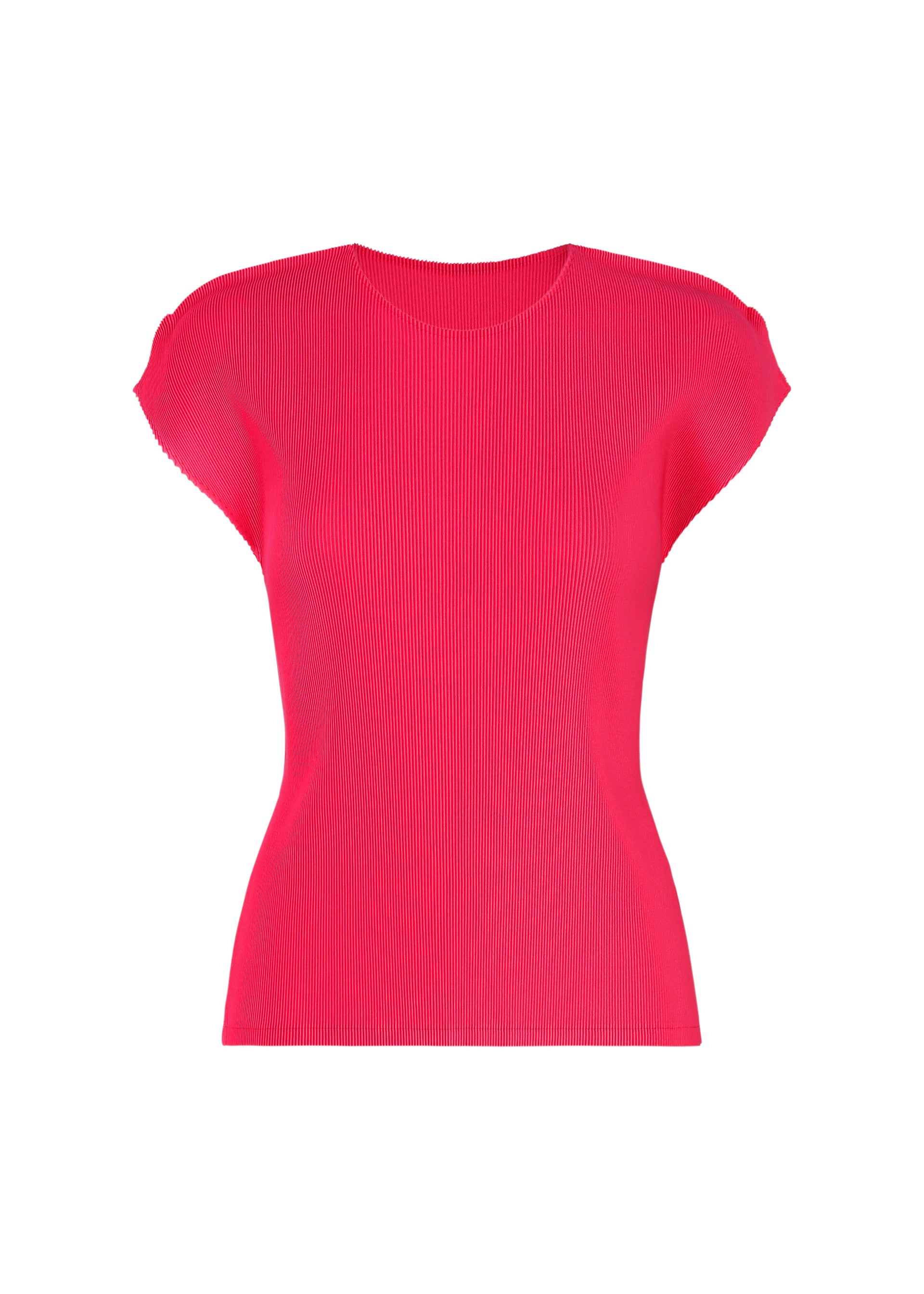 Zoomed view The MIST JUNE by PLEATS PLEASE ISSEY MIYAKE is a vibrant pink, short-sleeved ribbed knit top with fine pleats and a round neck, shown against a plain white background. - BRIGHT PINK （no.26）