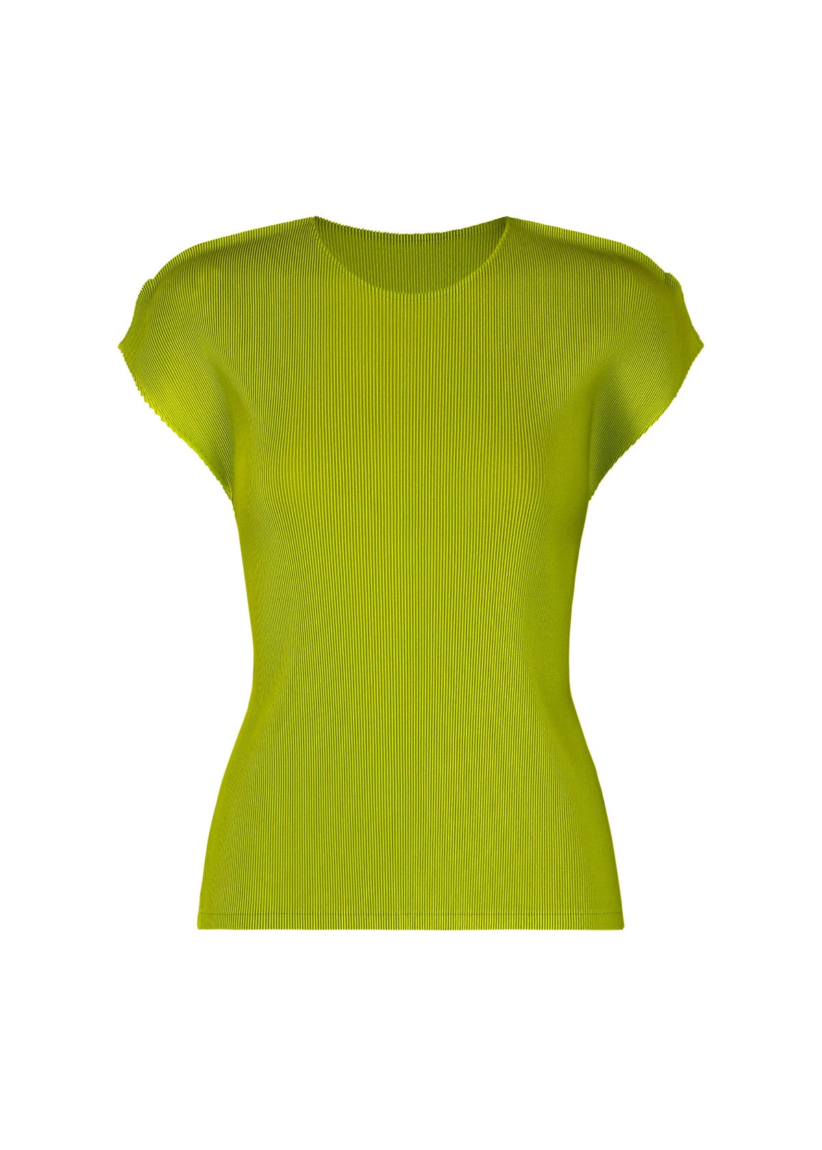 The MIST JUNE by PLEATS PLEASE ISSEY MIYAKE is a women’s fitted, ribbed-knit, short-sleeved round-neck top in bright lime green with fine pleats, shown on a plain white background. view 3 of 7