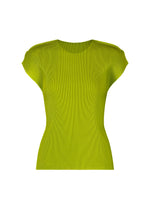 The MIST JUNE by PLEATS PLEASE ISSEY MIYAKE is a women’s fitted, ribbed-knit, short-sleeved round-neck top in bright lime green with fine pleats, shown on a plain white background. - YELLOW GREEN （no.64）