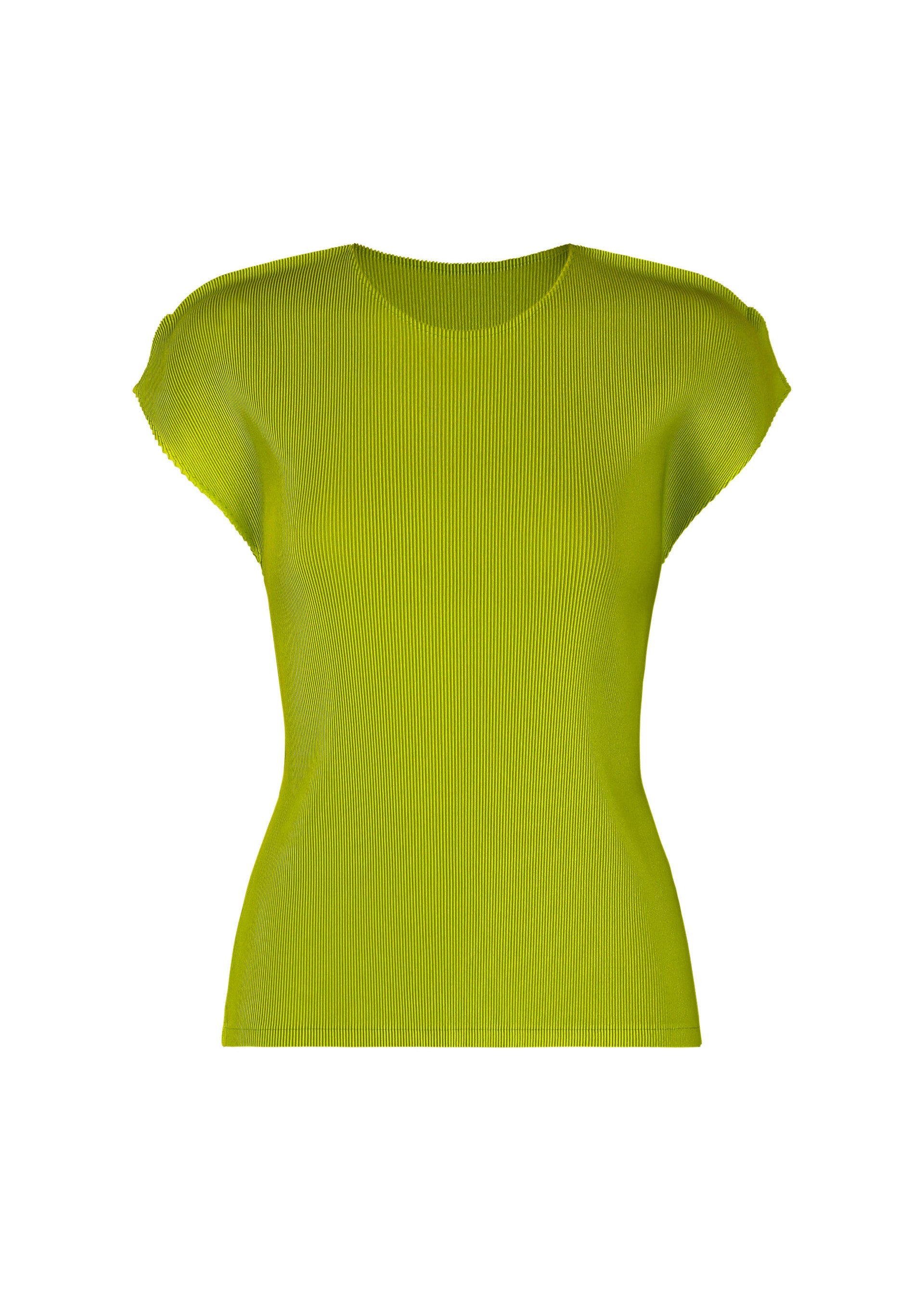 Zoomed view The MIST JUNE by PLEATS PLEASE ISSEY MIYAKE is a women’s fitted, ribbed-knit, short-sleeved round-neck top in bright lime green with fine pleats, shown on a plain white background. - YELLOW GREEN （no.64）