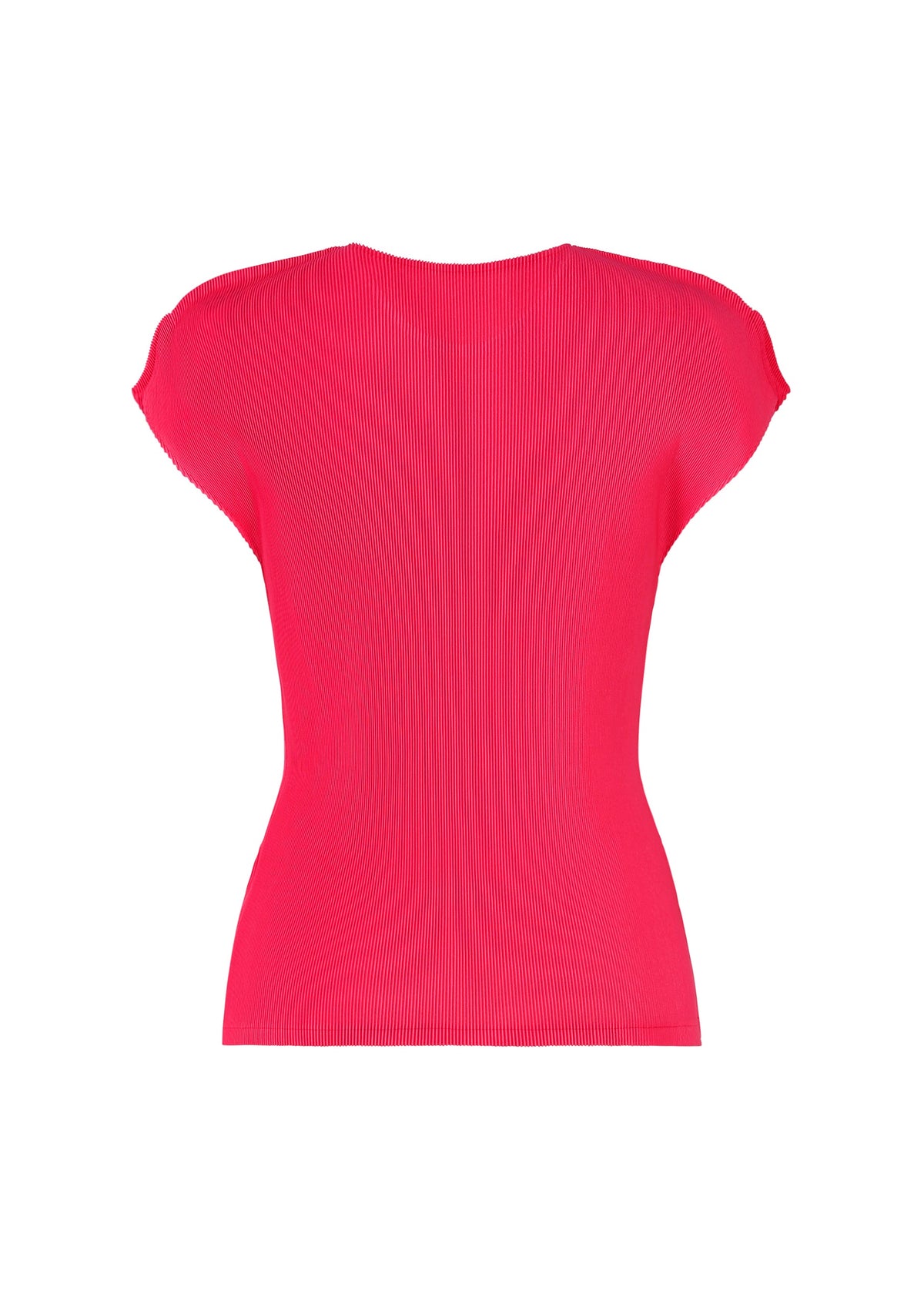 The MIST JUNE top by PLEATS PLEASE ISSEY MIYAKE is shown from the back, featuring a bright pink, short-sleeved, ribbed knit design with a round neck against a plain white background. view 4 of 7