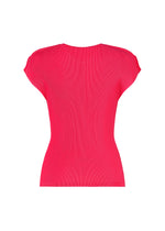 The MIST JUNE top by PLEATS PLEASE ISSEY MIYAKE is shown from the back, featuring a bright pink, short-sleeved, ribbed knit design with a round neck against a plain white background.