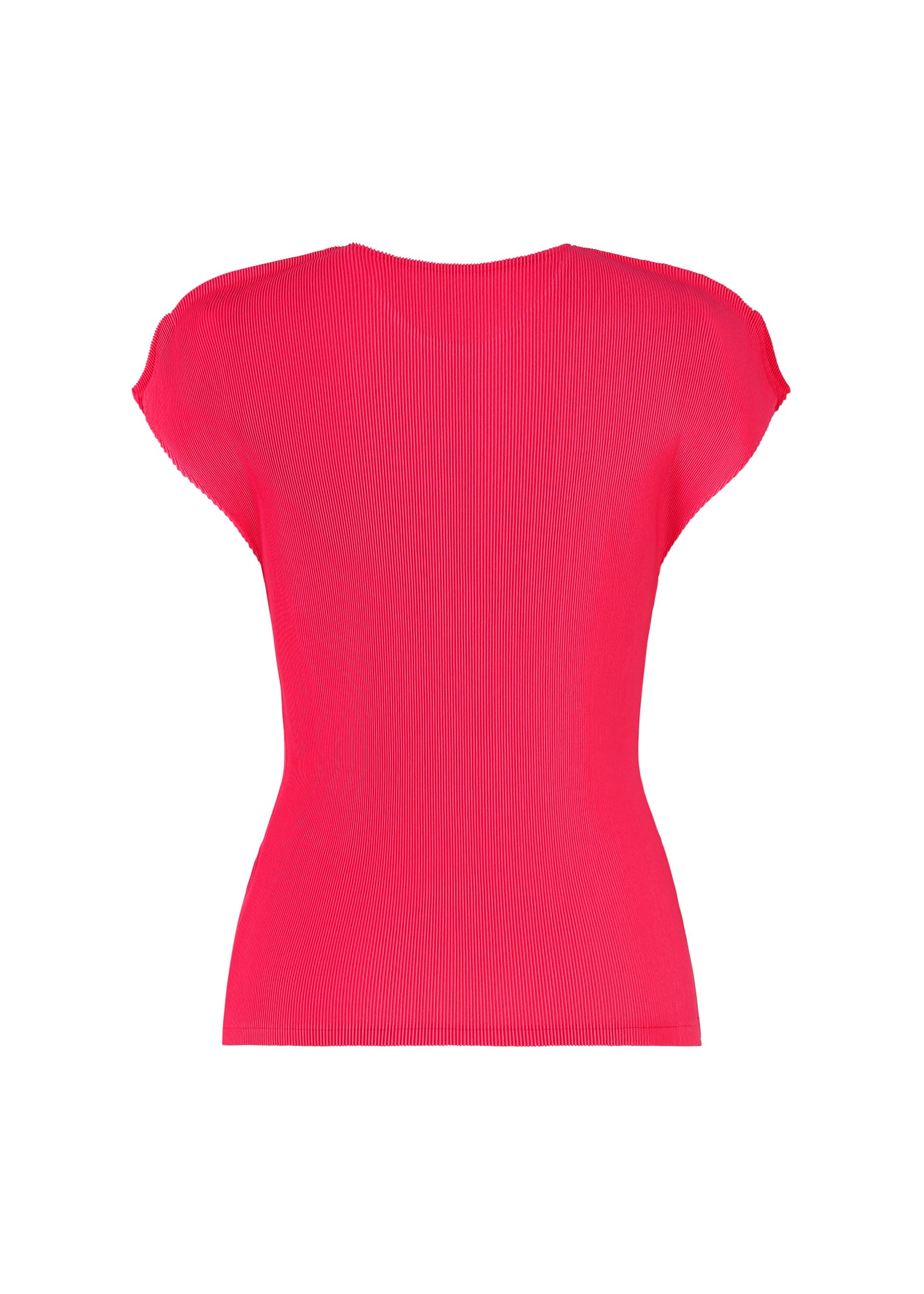 Zoomed view The MIST JUNE top by PLEATS PLEASE ISSEY MIYAKE is shown from the back, featuring a bright pink, short-sleeved, ribbed knit design with a round neck against a plain white background.