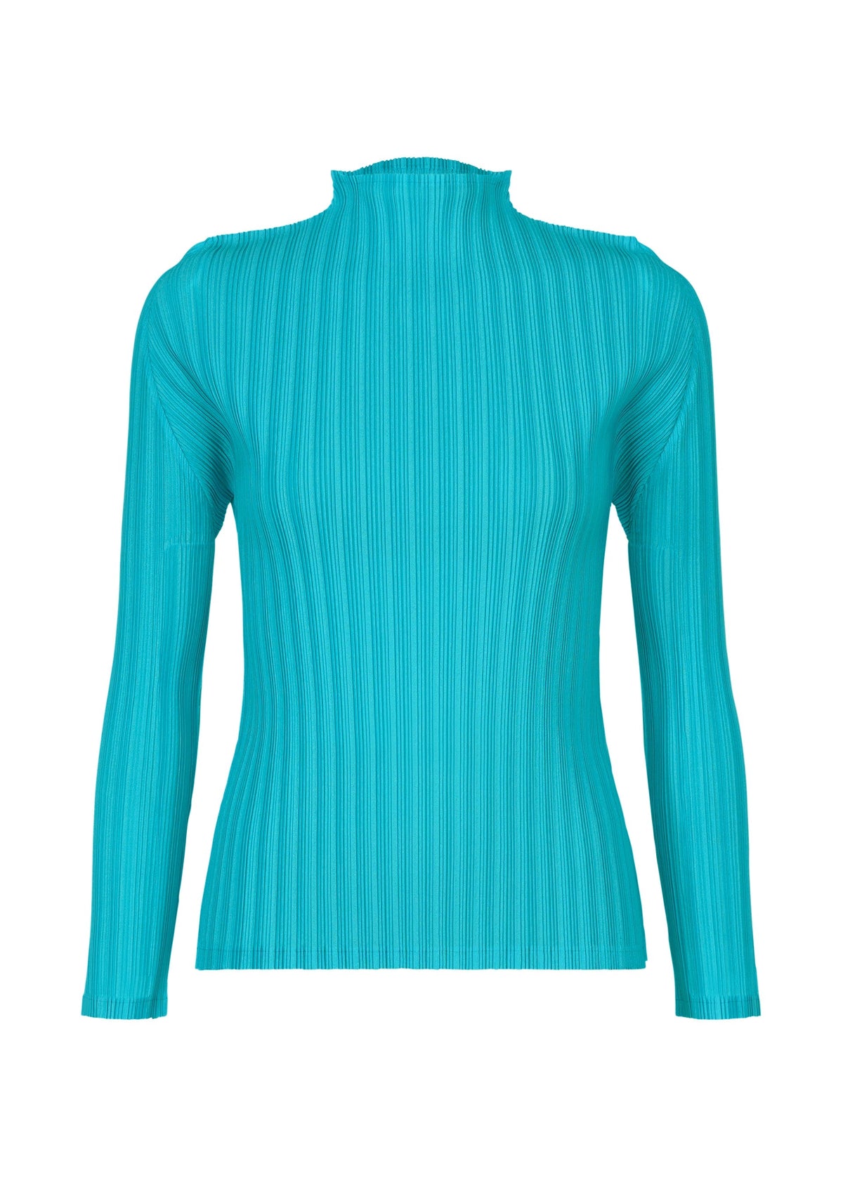 The RIB PLEATS JANUARY by PLEATS PLEASE ISSEY MIYAKE is a turquoise long-sleeved ribbed knit top with a mock neck, made from soft fabric, showcased on a white background. view 2 of 7