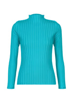 The RIB PLEATS JANUARY by PLEATS PLEASE ISSEY MIYAKE is a turquoise long-sleeved ribbed knit top with a mock neck, made from soft fabric, showcased on a white background. - SKY BLUE （no.73）