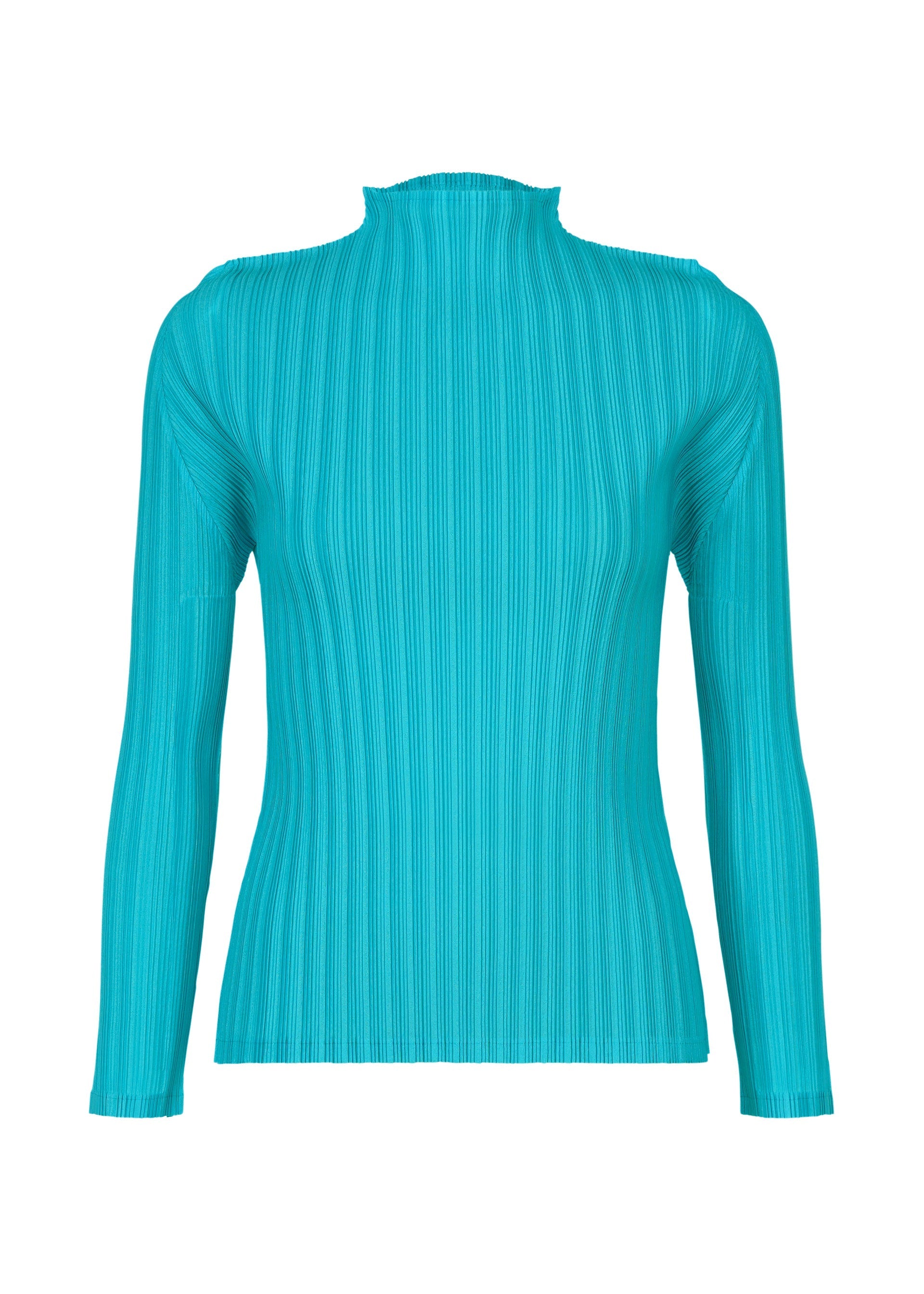 Zoomed view The RIB PLEATS JANUARY by PLEATS PLEASE ISSEY MIYAKE is a turquoise long-sleeved ribbed knit top with a mock neck, made from soft fabric, showcased on a white background. - SKY BLUE （no.73）