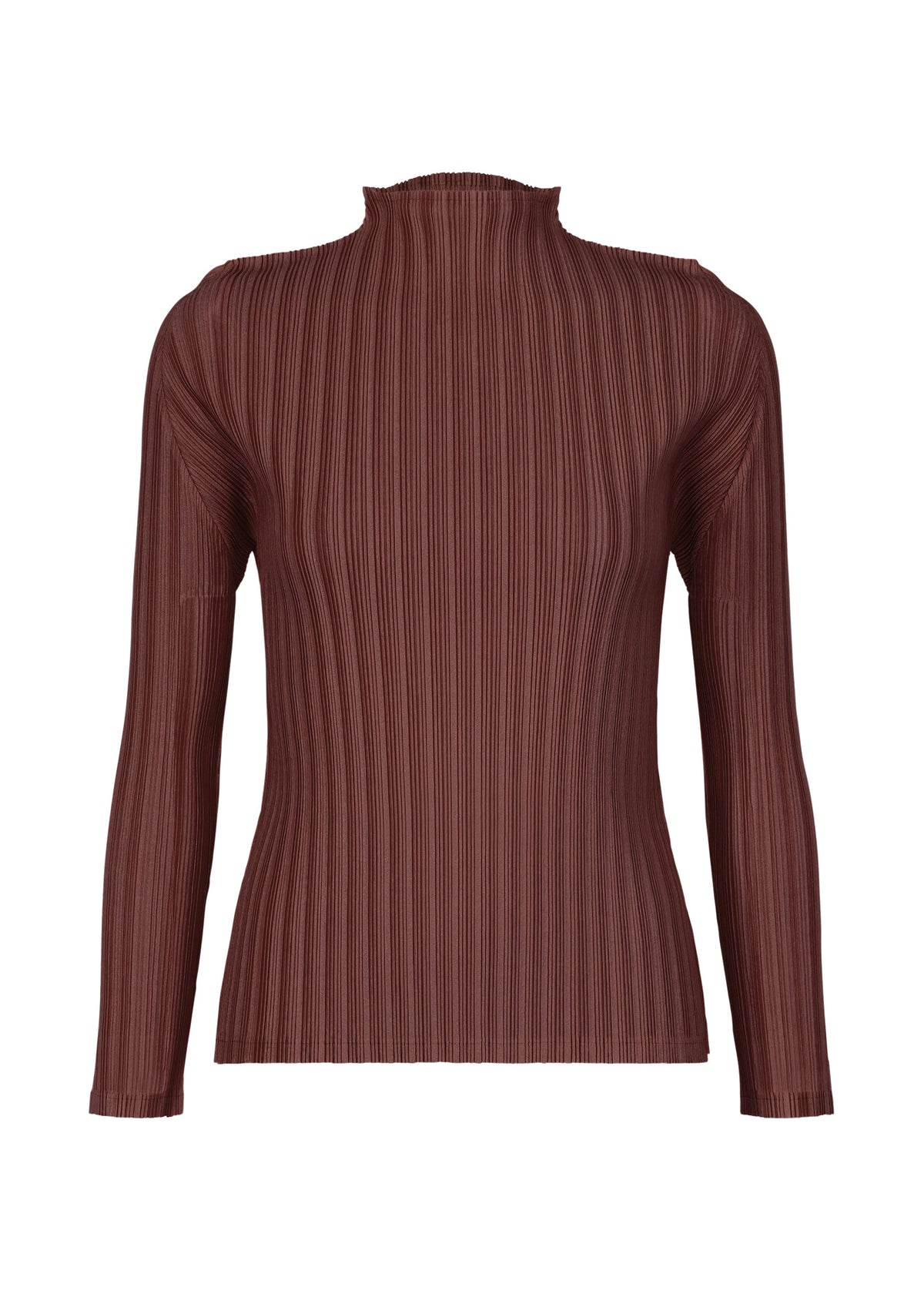 The RIB PLEATS JANUARY long-sleeve brown high-neck top from PLEATS PLEASE ISSEY MIYAKE features a ribbed, fitted silhouette in soft fabric, shown against a plain white background. view 3 of 7
