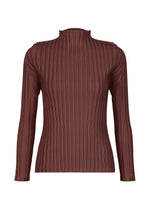 The RIB PLEATS JANUARY long-sleeve brown high-neck top from PLEATS PLEASE ISSEY MIYAKE features a ribbed, fitted silhouette in soft fabric, shown against a plain white background. - BORDEAUX （no.84）