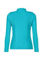 The RIB PLEATS JANUARY by PLEATS PLEASE ISSEY MIYAKE is a blue long-sleeved top crafted from soft fabric, shown against a white background.