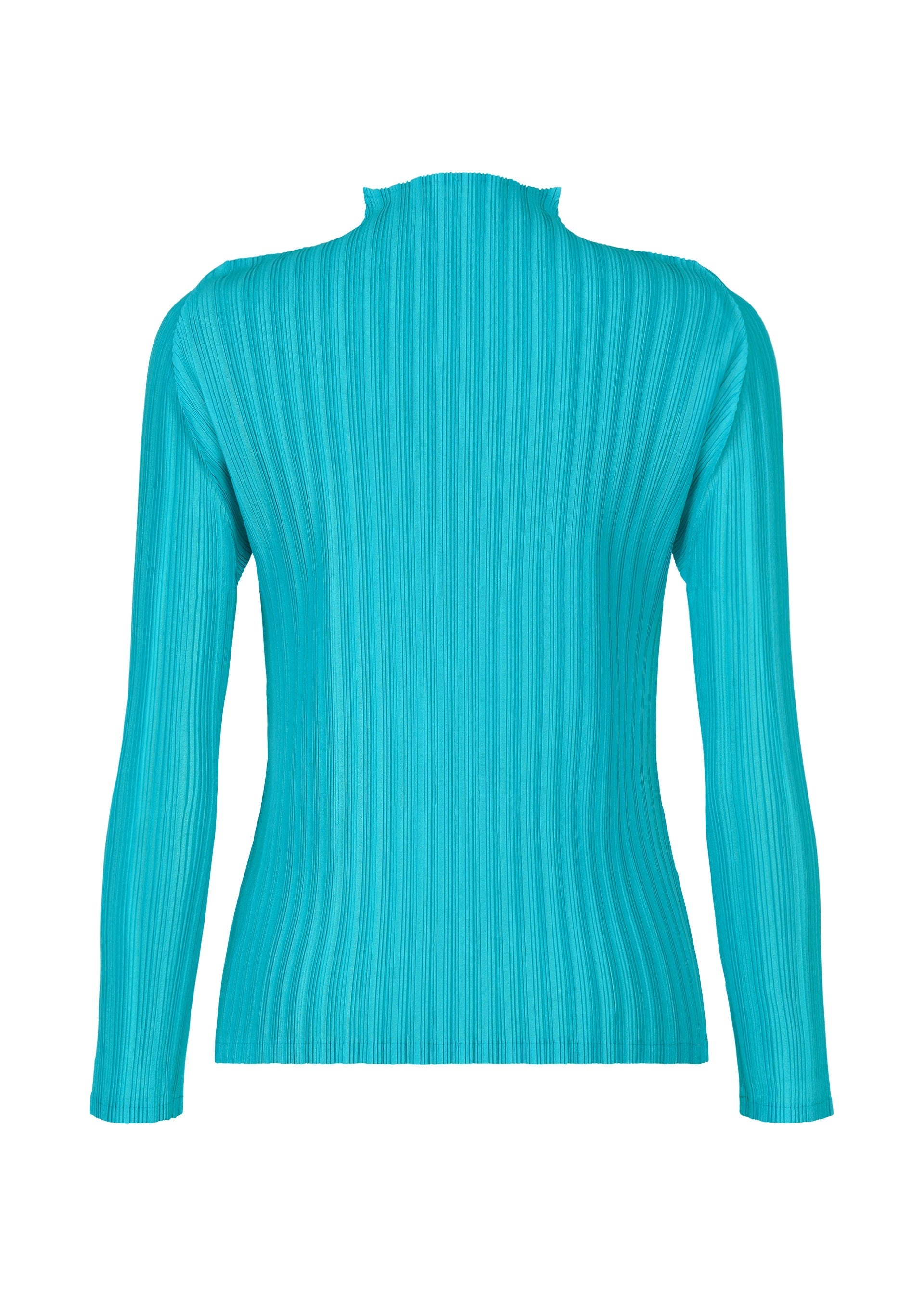 Zoomed view The RIB PLEATS JANUARY by PLEATS PLEASE ISSEY MIYAKE is a blue long-sleeved top crafted from soft fabric, shown against a white background.