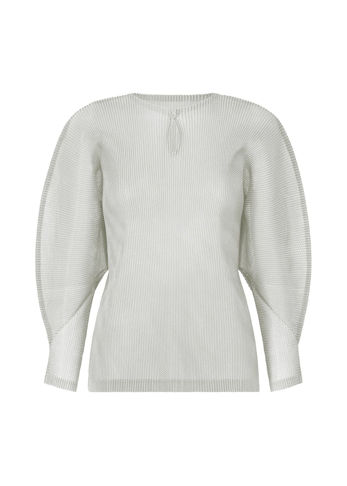 The TATAMI APRIL sweater by PLEATS PLEASE ISSEY MIYAKE is a light grey, long-sleeved ribbed knit with exaggerated dolman sleeves, a round neckline with a tie detail, and a relaxed yet structured fit. view 1 of 7