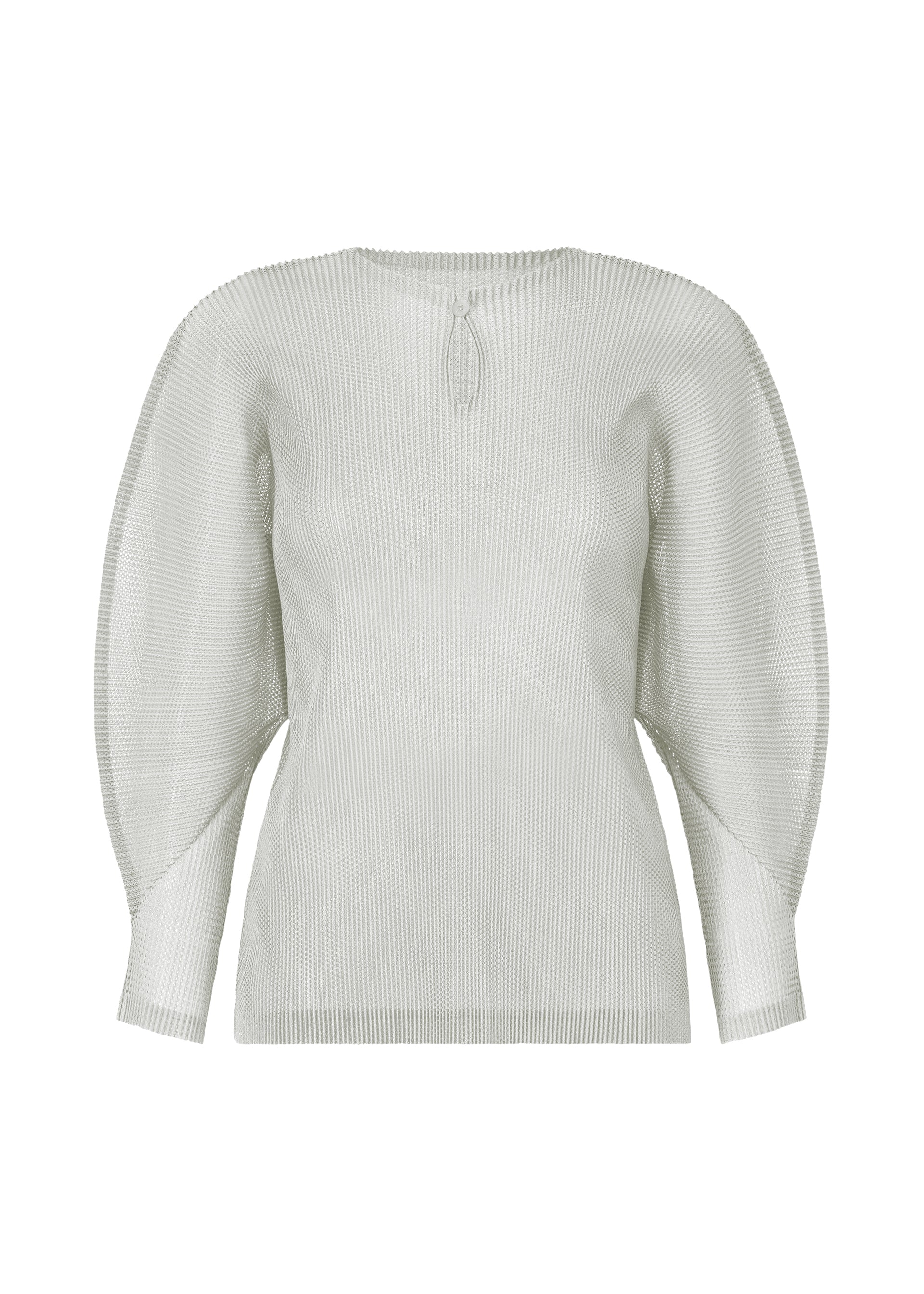 Zoomed view The TATAMI APRIL sweater by PLEATS PLEASE ISSEY MIYAKE is a light grey, long-sleeved ribbed knit with exaggerated dolman sleeves, a round neckline with a tie detail, and a relaxed yet structured fit. - COOL GRAY （no.11）