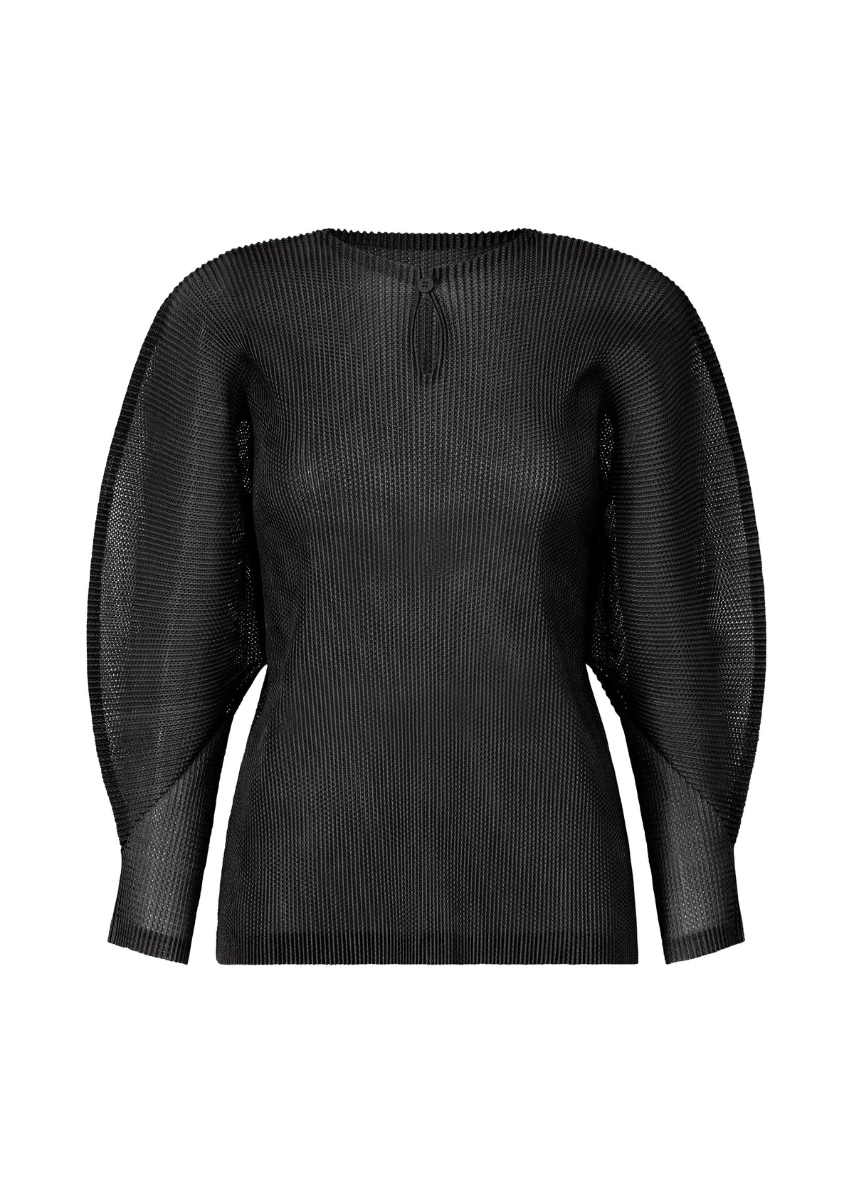 The TATAMI APRIL blouse by PLEATS PLEASE ISSEY MIYAKE is black, long-sleeved with mesh fabric and voluminous rounded dolman sleeves, shown against a plain white background. view 2 of 7