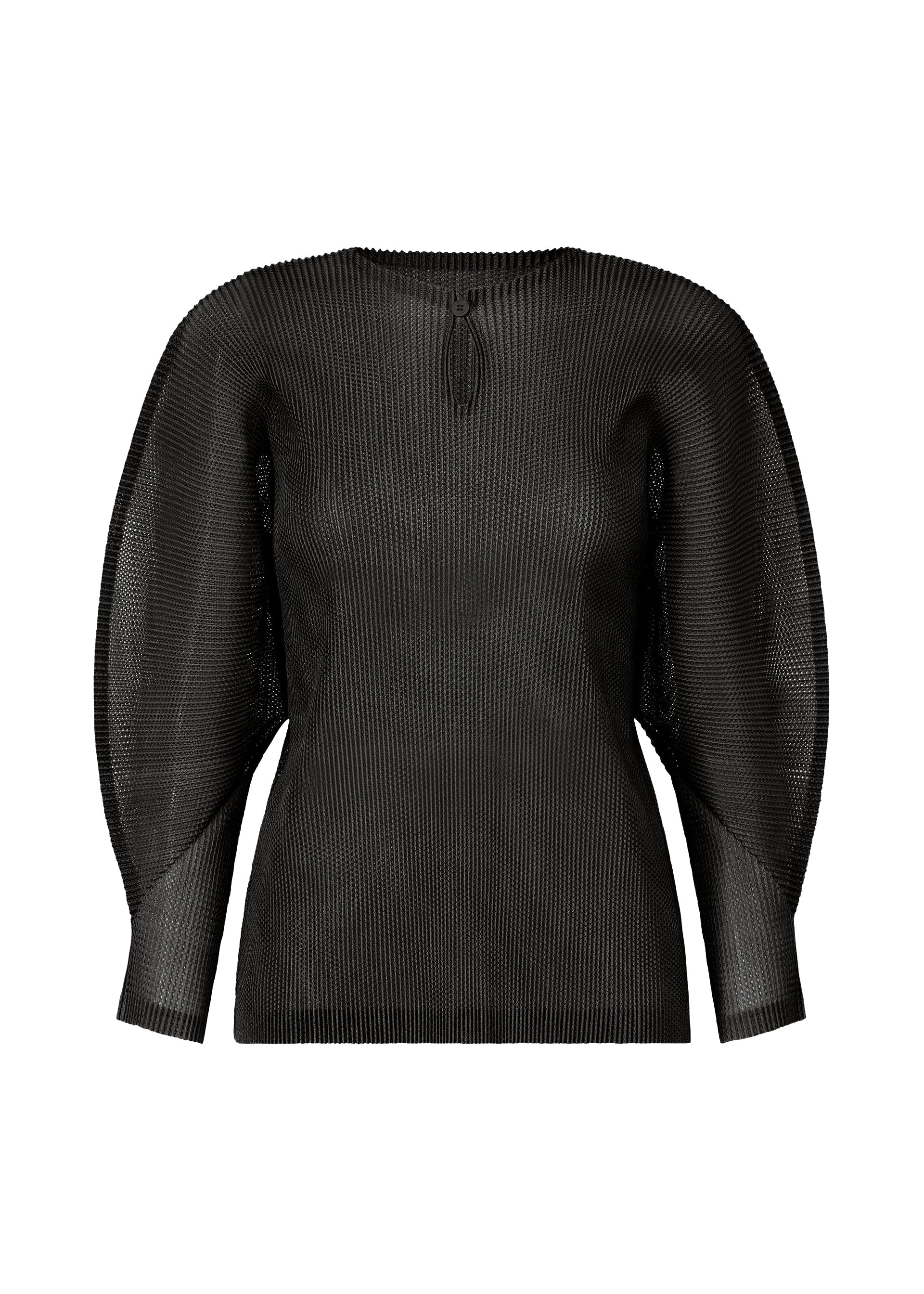Zoomed view The TATAMI APRIL blouse by PLEATS PLEASE ISSEY MIYAKE is black, long-sleeved with mesh fabric and voluminous rounded dolman sleeves, shown against a plain white background. - BLACK （no.15）