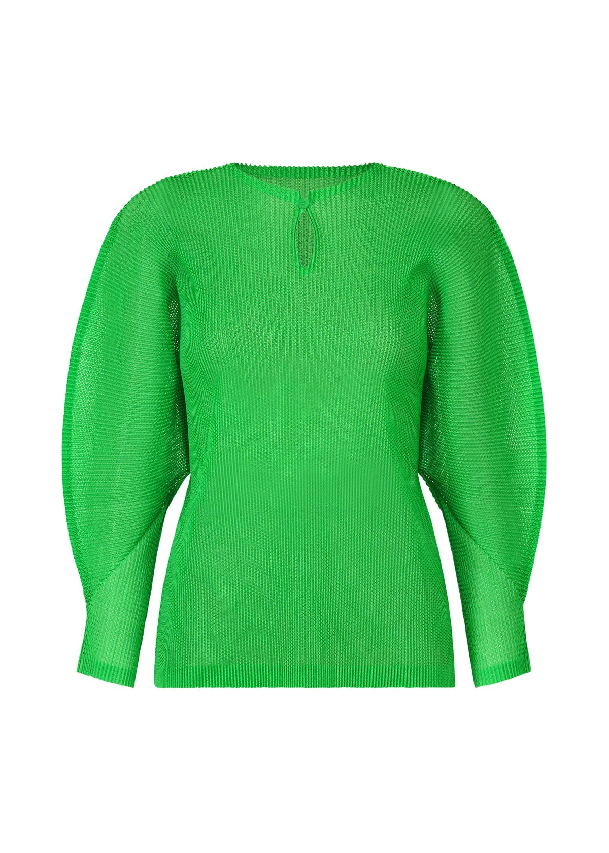 The TATAMI APRIL top by PLEATS PLEASE ISSEY MIYAKE is a bright green, ribbed long-sleeve with wide dolman sleeves, a keyhole neckline detail, and a fitted waist for a modern silhouette. view 3 of 7
