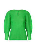 The TATAMI APRIL top by PLEATS PLEASE ISSEY MIYAKE is a bright green, ribbed long-sleeve with wide dolman sleeves, a keyhole neckline detail, and a fitted waist for a modern silhouette. - GREEN （no.62）