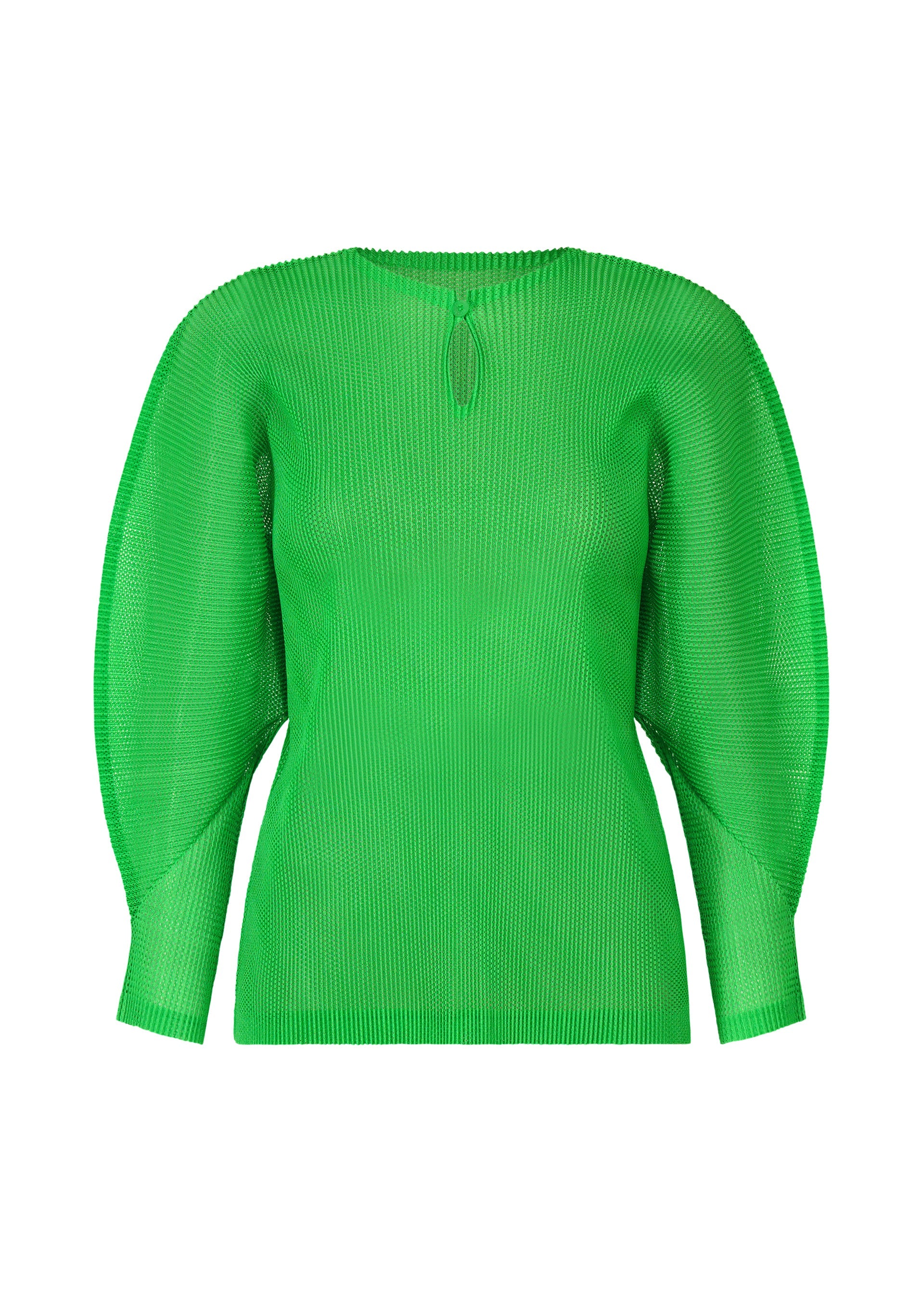 Zoomed view The TATAMI APRIL top by PLEATS PLEASE ISSEY MIYAKE is a bright green, ribbed long-sleeve with wide dolman sleeves, a keyhole neckline detail, and a fitted waist for a modern silhouette. - GREEN （no.62）