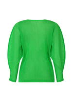 The TATAMI APRIL by PLEATS PLEASE ISSEY MIYAKE is a bright green long-sleeve knit sweater with dolman sleeves, rounded shoulders, and a fitted waist, shown on a plain white background.