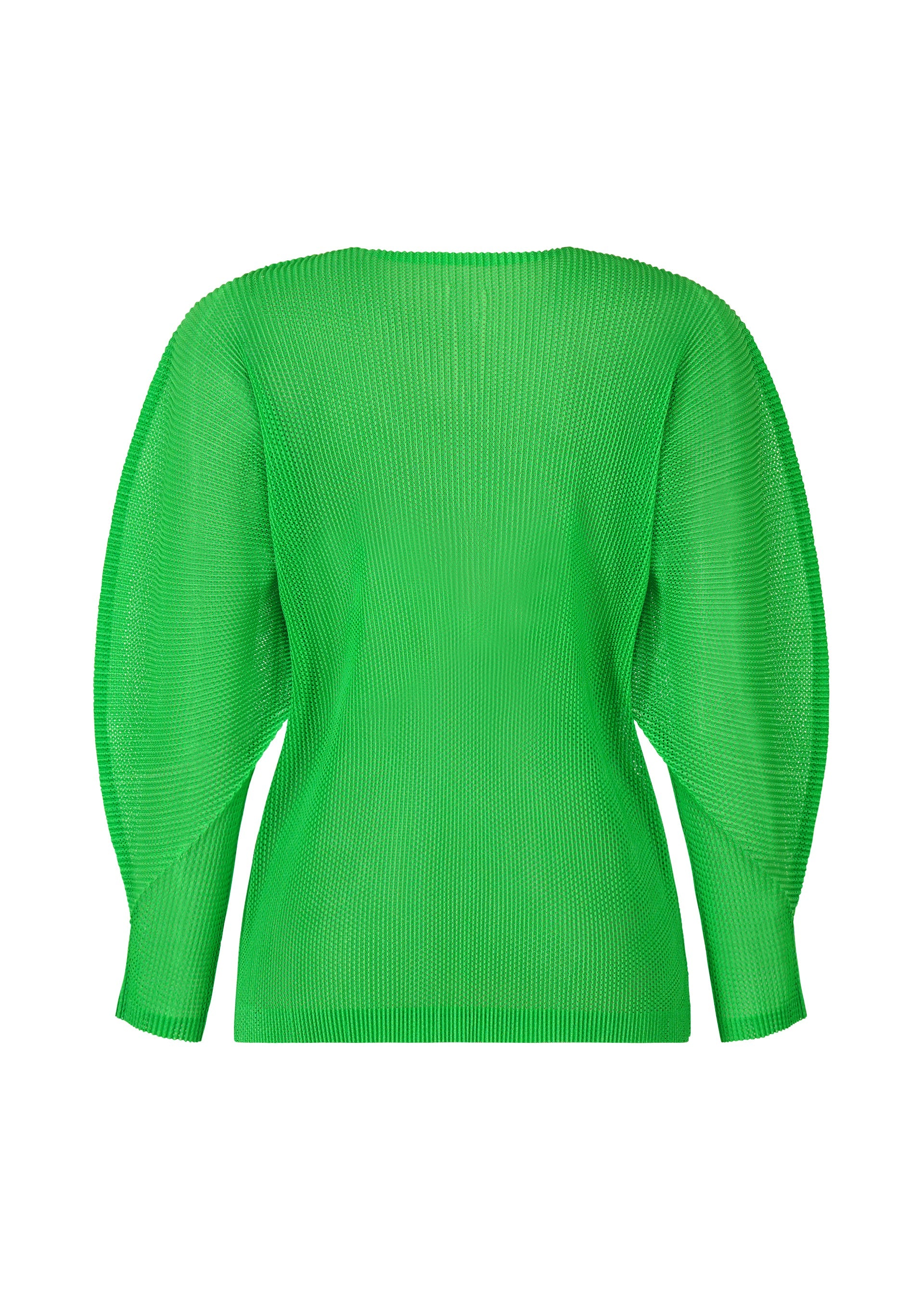 Zoomed view The TATAMI APRIL by PLEATS PLEASE ISSEY MIYAKE is a bright green long-sleeve knit sweater with dolman sleeves, rounded shoulders, and a fitted waist, shown on a plain white background.