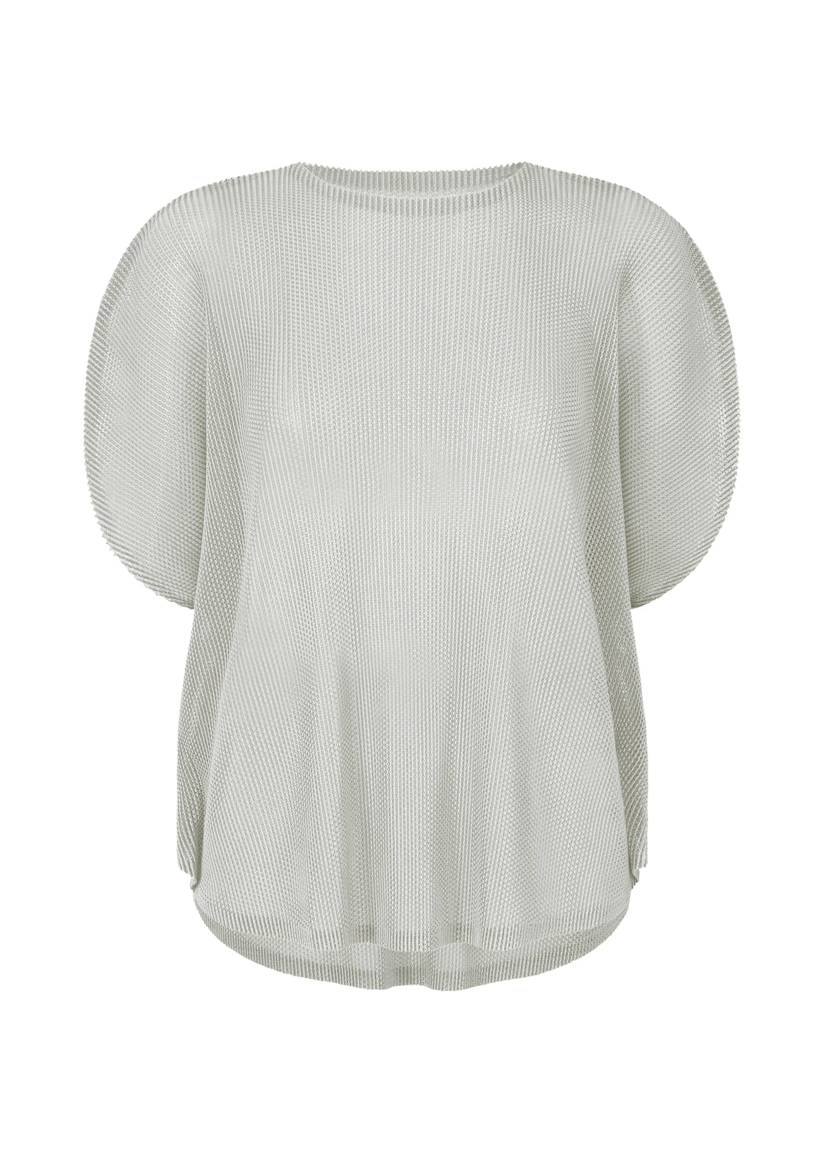 The TATAMI APRIL top by PLEATS PLEASE ISSEY MIYAKE features light grey mesh fabric, short wide sleeves, a round neckline, and a subtle textured pattern. Its loose fit creates a sculptural silhouette with a contemporary feel. view 1 of 8