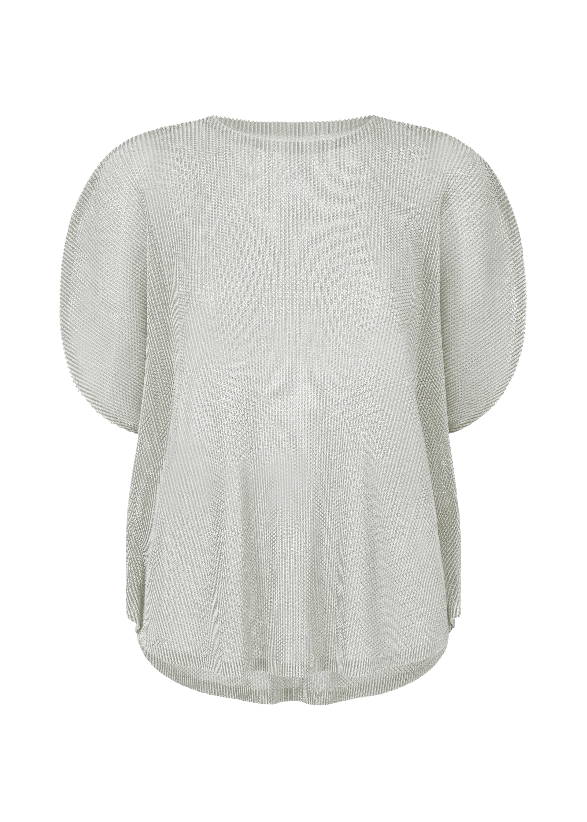 Zoomed view The TATAMI APRIL top by PLEATS PLEASE ISSEY MIYAKE features light grey mesh fabric, short wide sleeves, a round neckline, and a subtle textured pattern. Its loose fit creates a sculptural silhouette with a contemporary feel. - COOL GRAY （no.11）