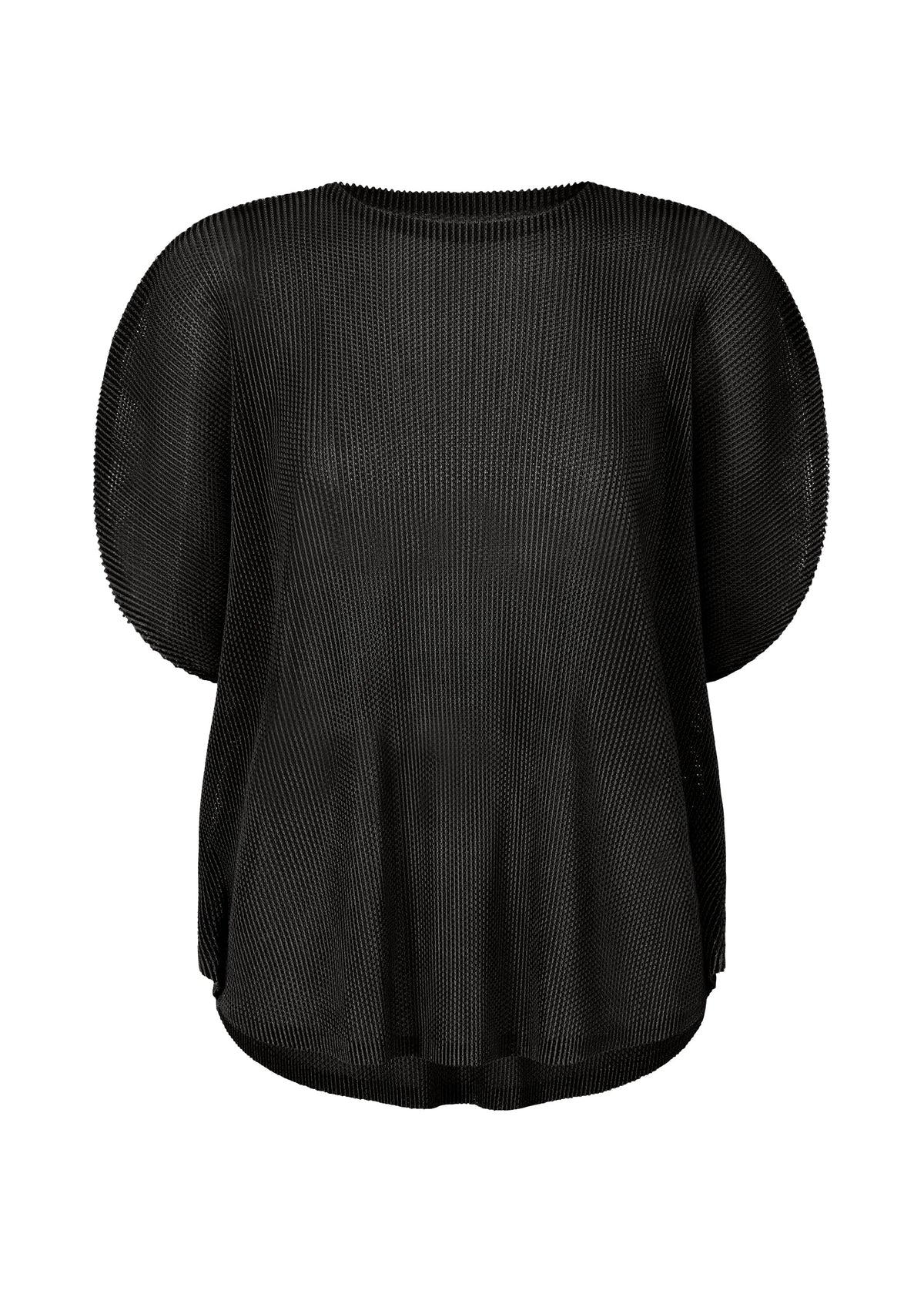 The TATAMI APRIL by PLEATS PLEASE ISSEY MIYAKE is a loose-fitting black pleated top with short sleeves, a round neckline, and textured mesh fabric, shown on a white background. view 2 of 8
