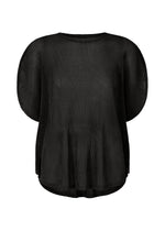 The TATAMI APRIL by PLEATS PLEASE ISSEY MIYAKE is a loose-fitting black pleated top with short sleeves, a round neckline, and textured mesh fabric, shown on a white background. - BLACK （no.15）