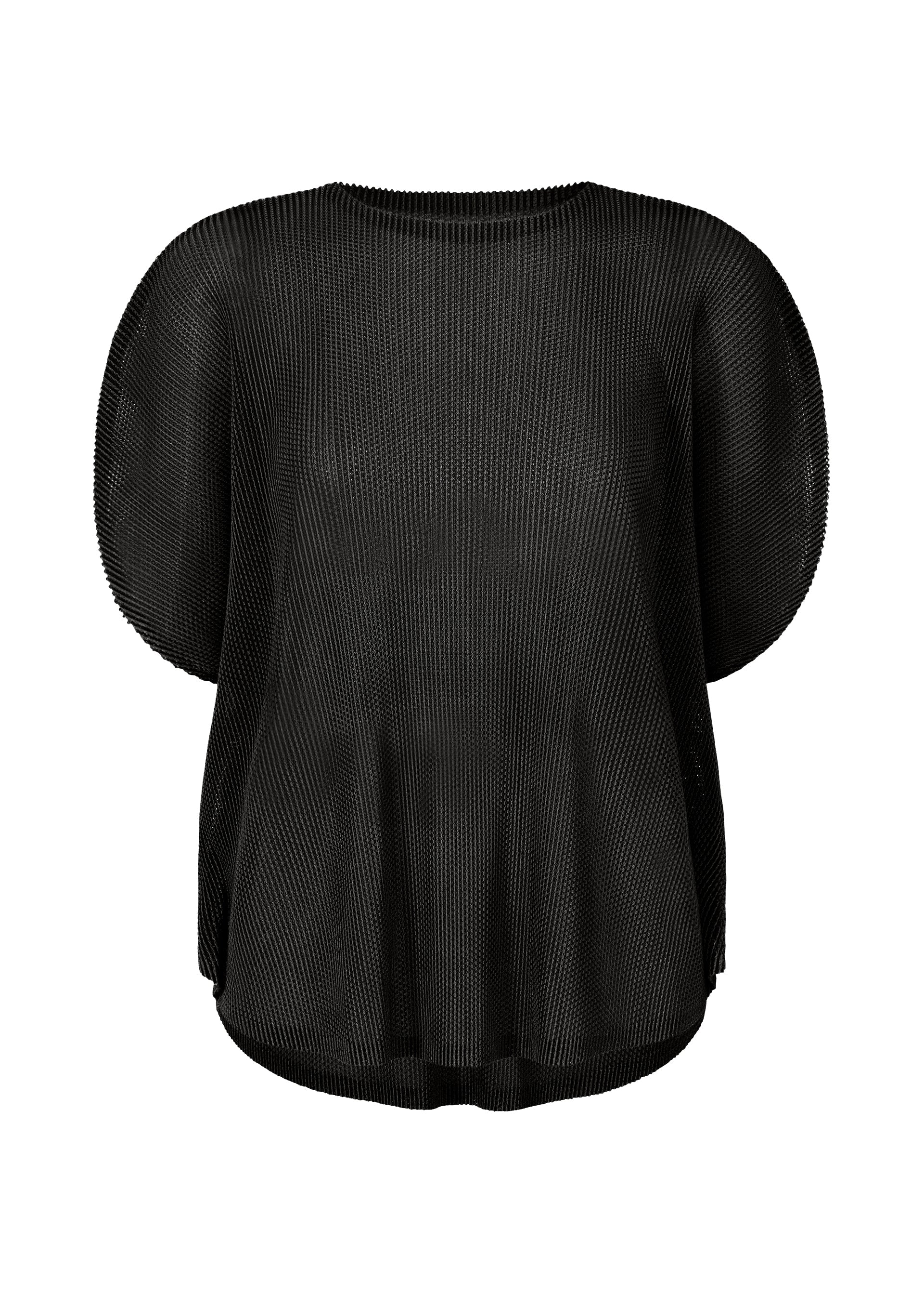 Zoomed view The TATAMI APRIL by PLEATS PLEASE ISSEY MIYAKE is a loose-fitting black pleated top with short sleeves, a round neckline, and textured mesh fabric, shown on a white background. - BLACK （no.15）
