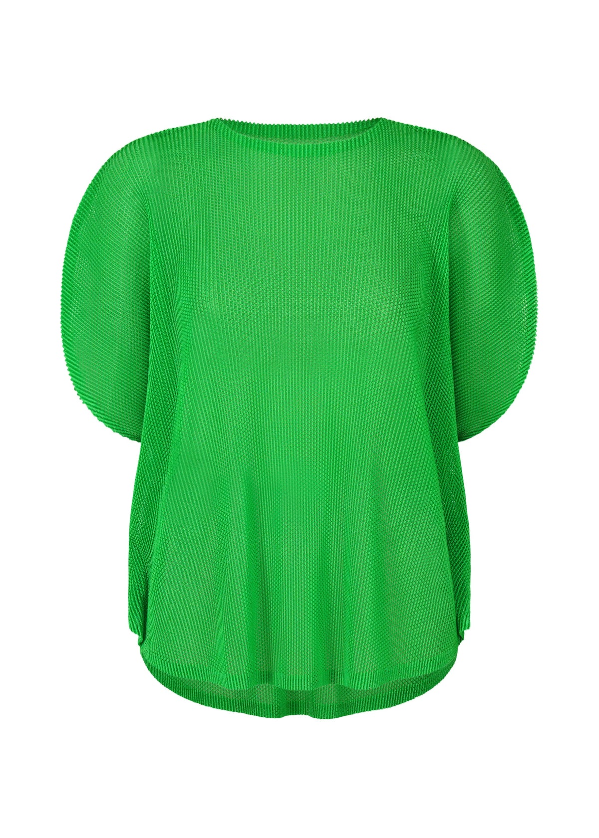The TATAMI APRIL by PLEATS PLEASE ISSEY MIYAKE is a bright green, short-sleeved pleated top with mesh detailing and rounded shoulders, presented on a plain white background. view 3 of 8