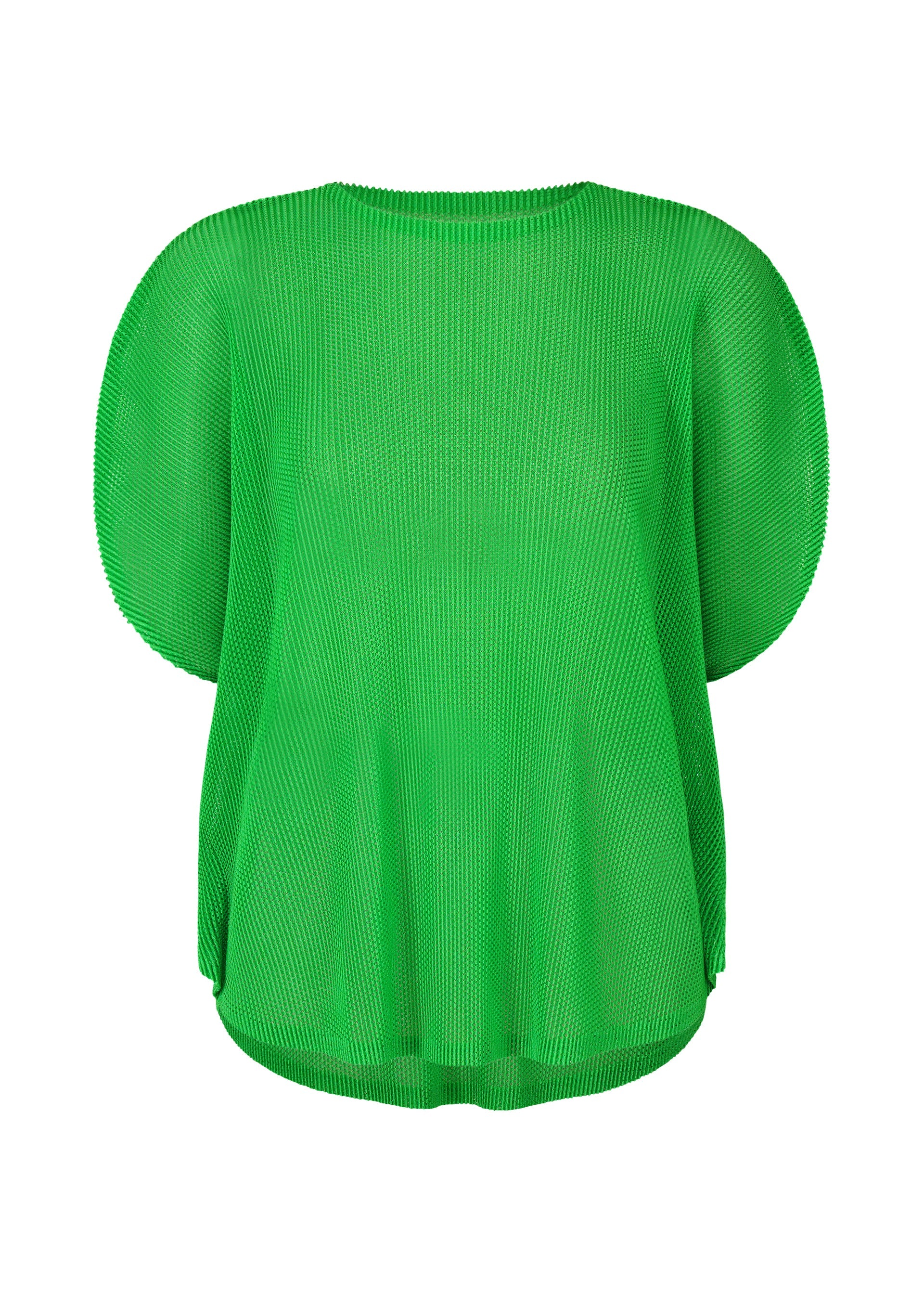 Zoomed view The TATAMI APRIL by PLEATS PLEASE ISSEY MIYAKE is a bright green, short-sleeved pleated top with mesh detailing and rounded shoulders, presented on a plain white background. - GREEN （no.62）