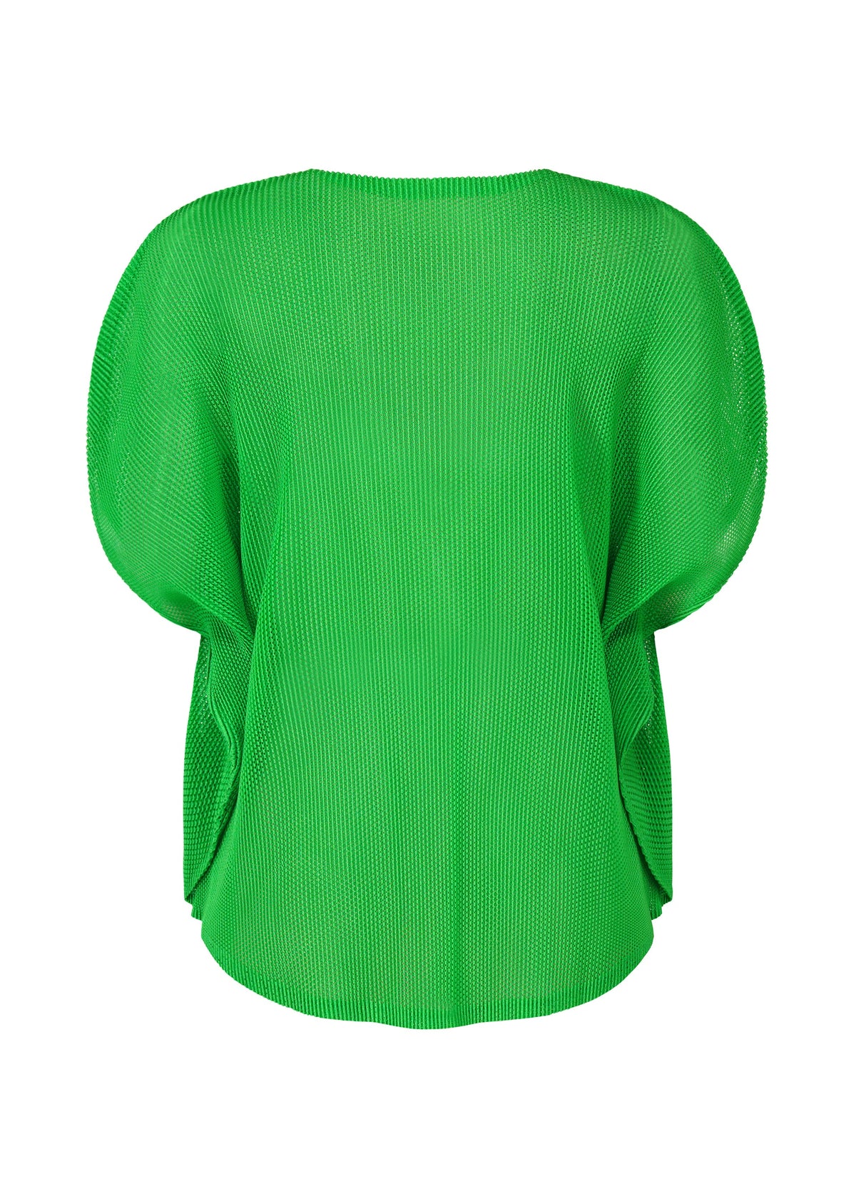 The TATAMI APRIL by PLEATS PLEASE ISSEY MIYAKE is a bright green, short-sleeved pleated top with a loose draped silhouette and round neckline, shown from the back against a white background. view 4 of 8