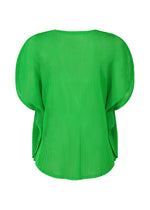 The TATAMI APRIL by PLEATS PLEASE ISSEY MIYAKE is a bright green, short-sleeved pleated top with a loose draped silhouette and round neckline, shown from the back against a white background.
