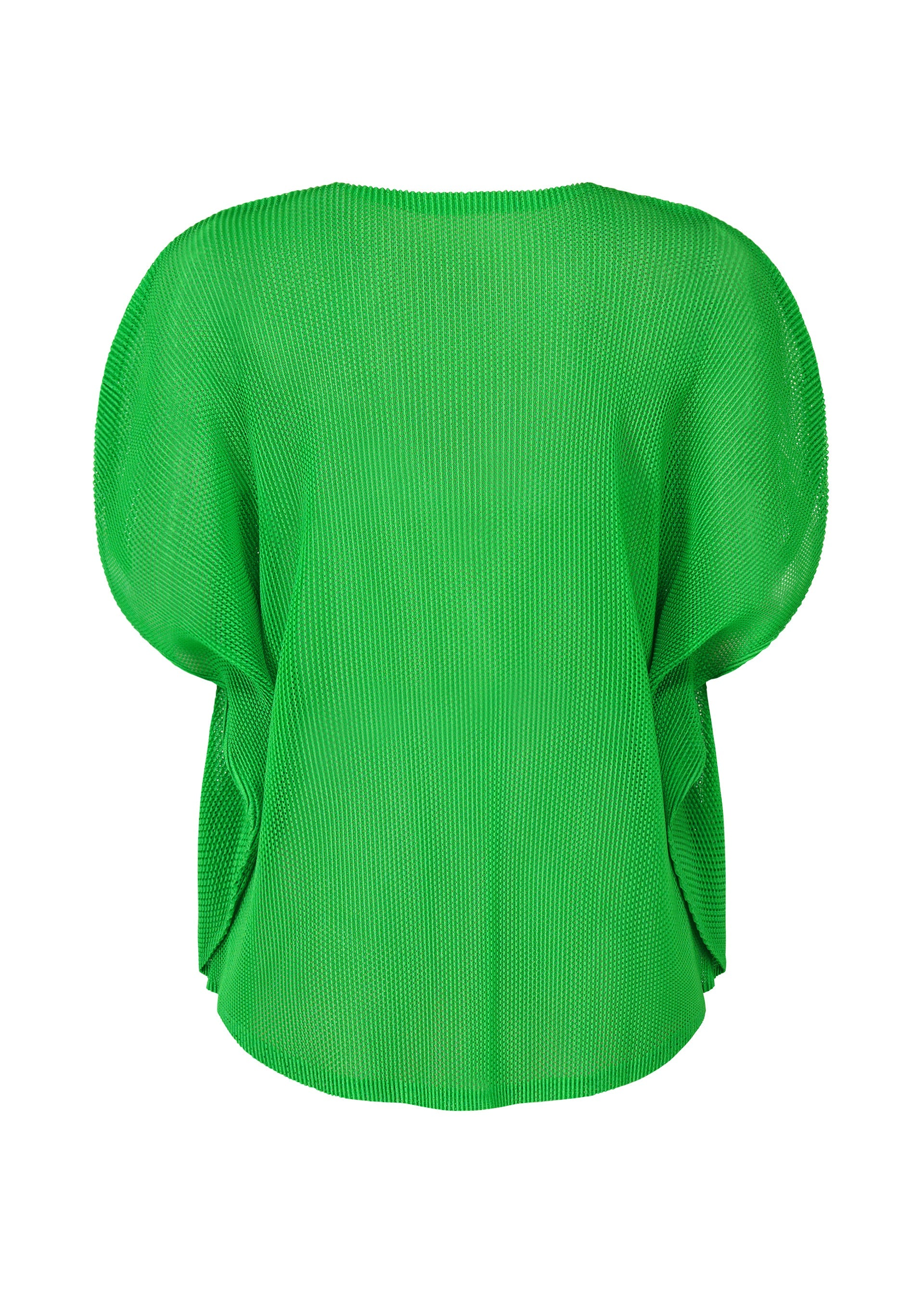 Zoomed view The TATAMI APRIL by PLEATS PLEASE ISSEY MIYAKE is a bright green, short-sleeved pleated top with a loose draped silhouette and round neckline, shown from the back against a white background.
