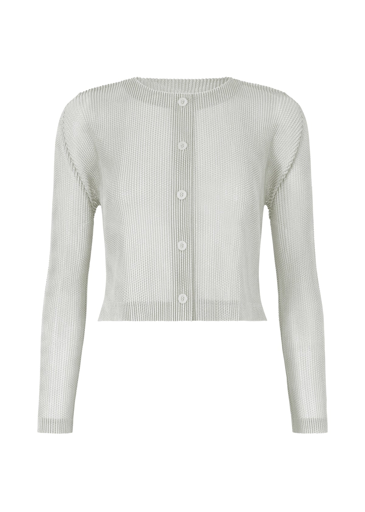 The TATAMI APRIL cardigan by PLEATS PLEASE ISSEY MIYAKE is a light gray, cropped, long-sleeve pleated knit with a round neckline and white front buttons. Its ribbed texture and minimalist design add refined simplicity. view 1 of 7