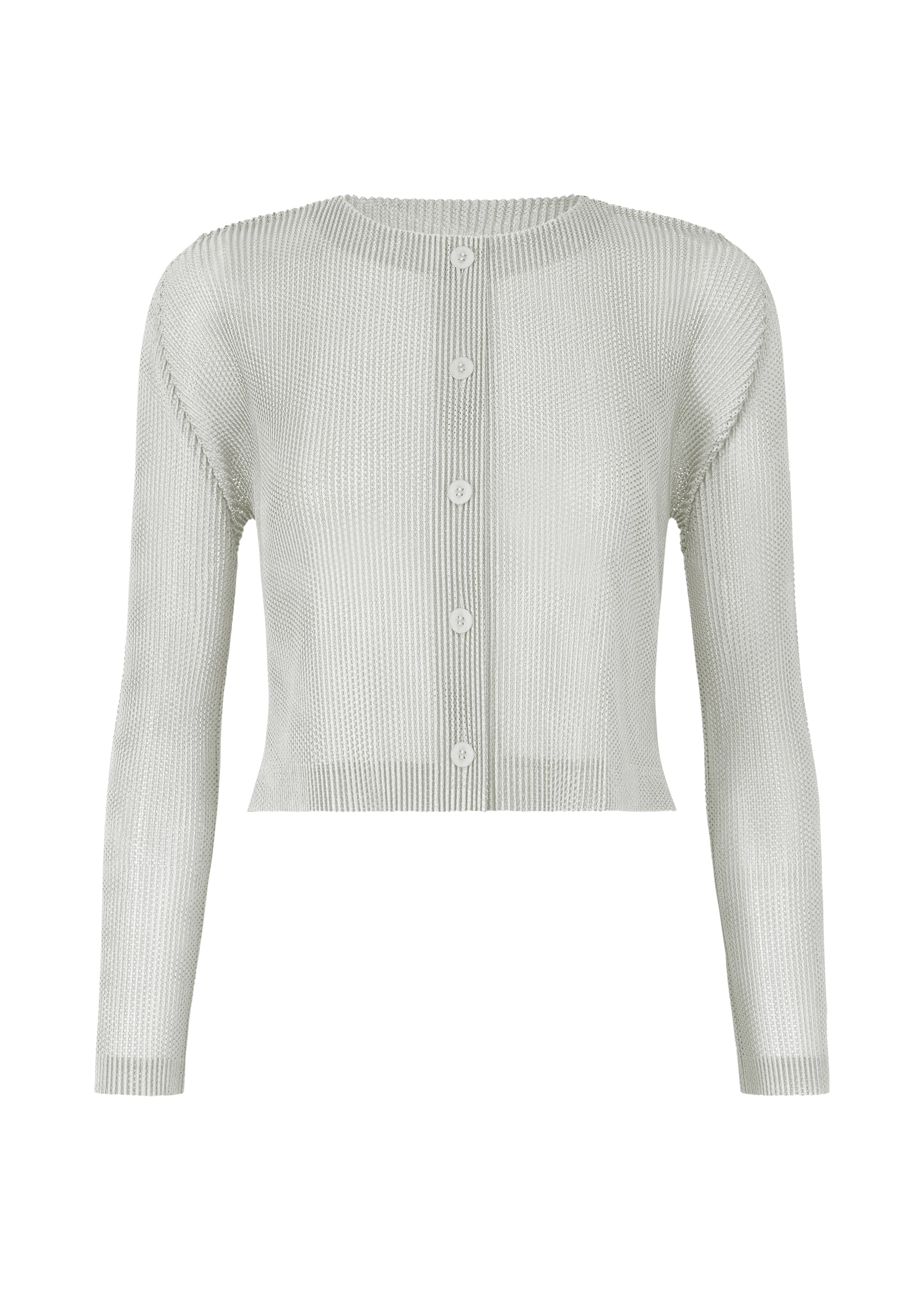 Zoomed view The TATAMI APRIL cardigan by PLEATS PLEASE ISSEY MIYAKE is a light gray, cropped, long-sleeve pleated knit with a round neckline and white front buttons. Its ribbed texture and minimalist design add refined simplicity. - COOL GRAY （no.11）