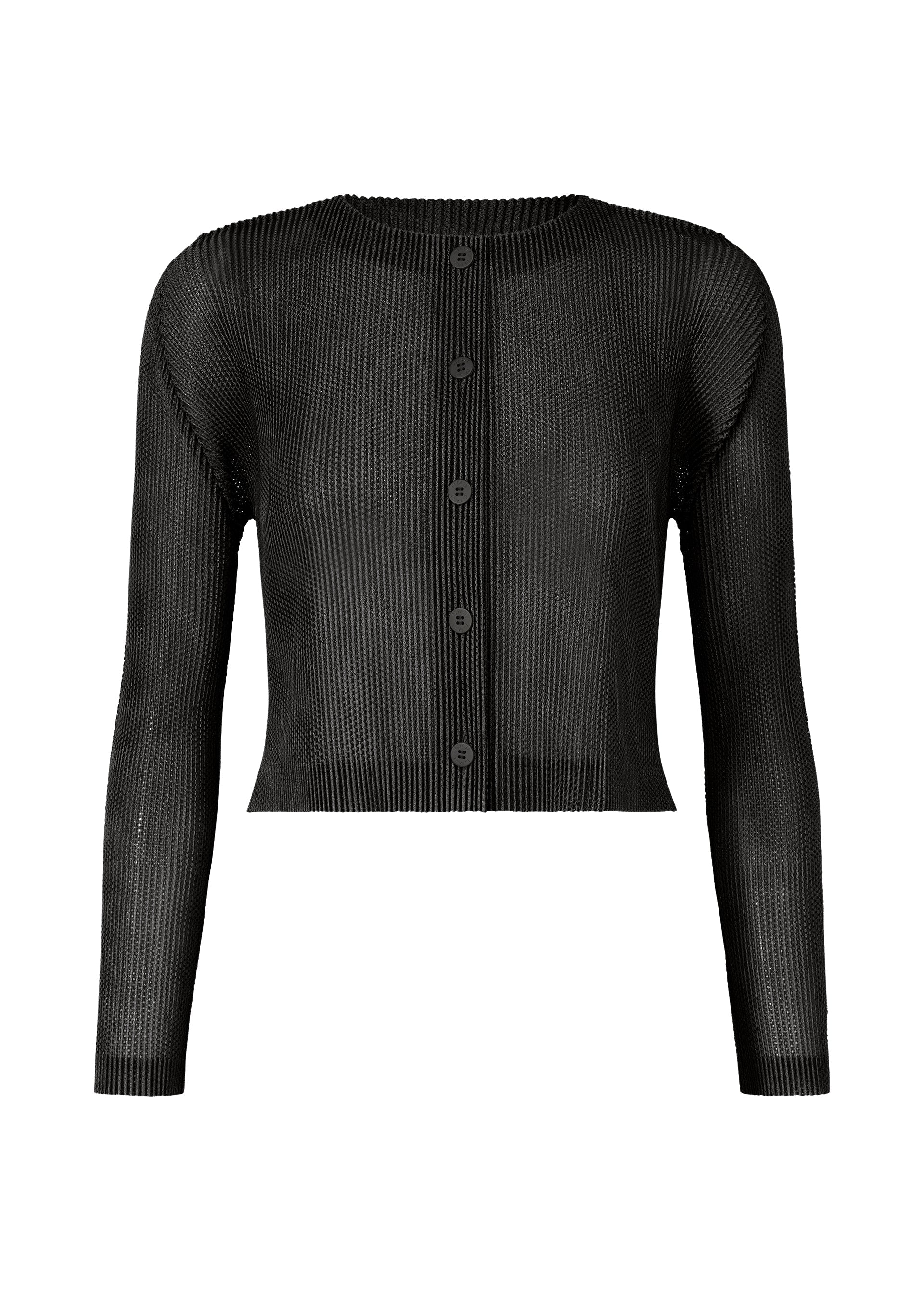 Zoomed view The TATAMI APRIL by PLEATS PLEASE ISSEY MIYAKE is a black long-sleeve semi-sheer mesh cardigan featuring ribbed pleats, button closure, and a round neckline, displayed on a white background. - BLACK （no.15）