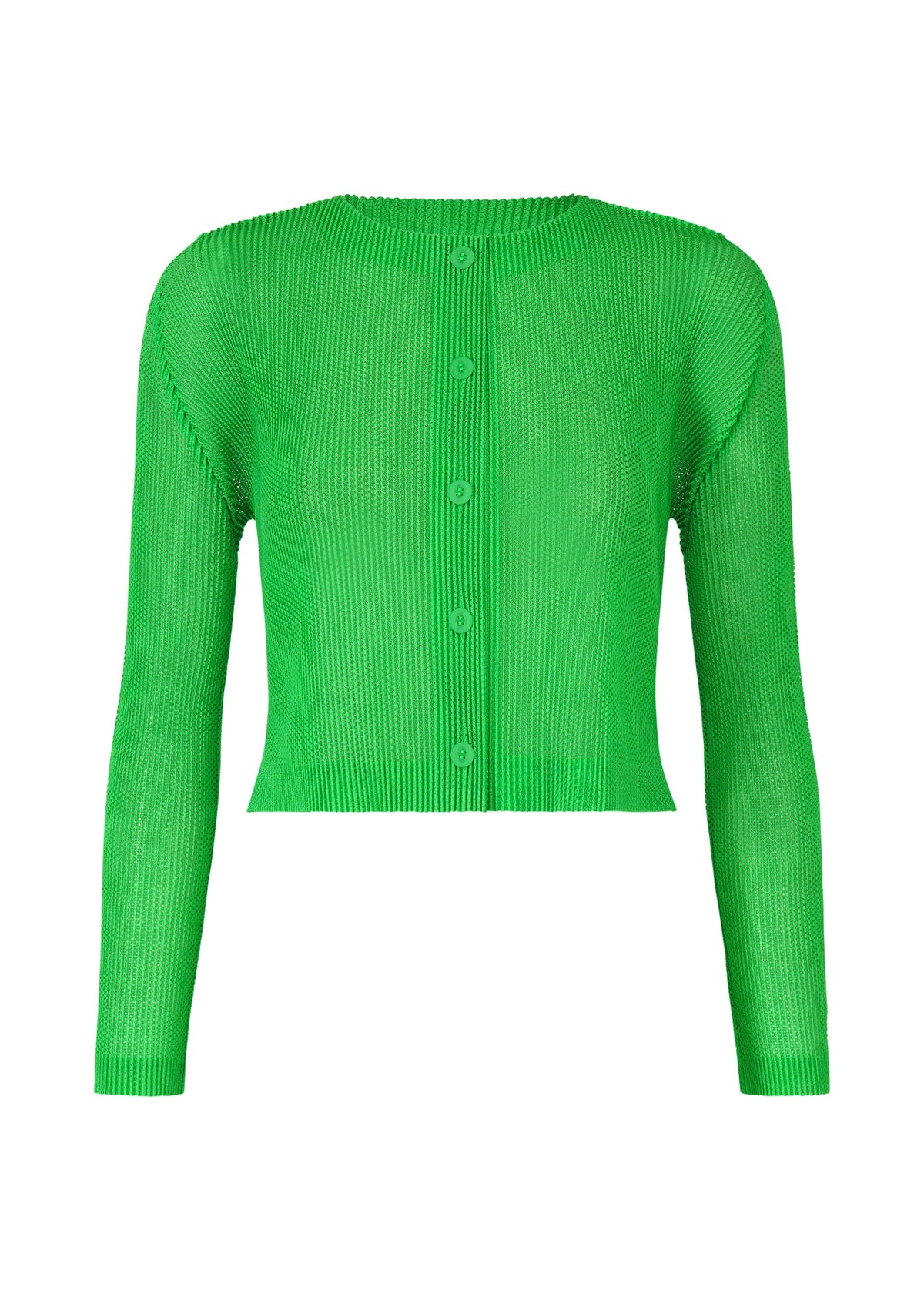 The TATAMI APRIL by PLEATS PLEASE ISSEY MIYAKE is a bright green, ribbed, pleated long-sleeve cropped cardigan with a round neckline and matching green front buttons. view 3 of 7