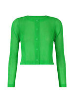 The TATAMI APRIL by PLEATS PLEASE ISSEY MIYAKE is a bright green, ribbed, pleated long-sleeve cropped cardigan with a round neckline and matching green front buttons. - GREEN （no.62）