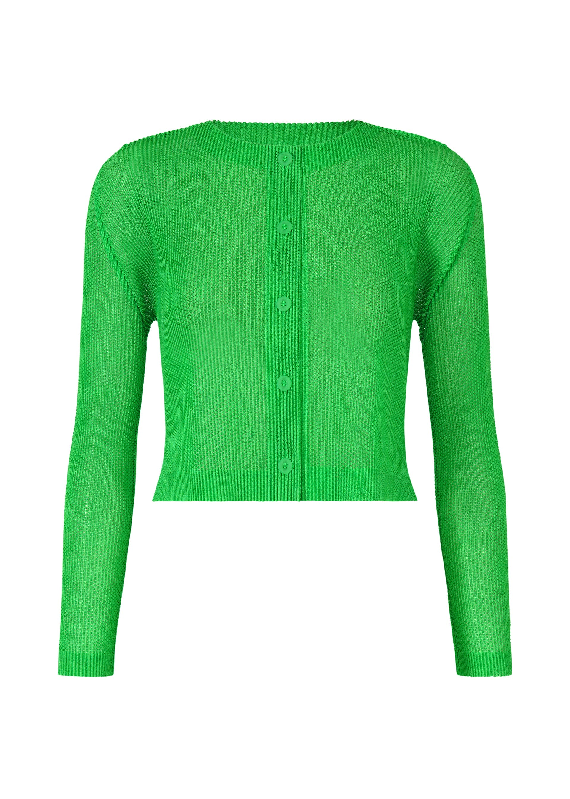 Zoomed view The TATAMI APRIL by PLEATS PLEASE ISSEY MIYAKE is a bright green, ribbed, pleated long-sleeve cropped cardigan with a round neckline and matching green front buttons. - GREEN （no.62）