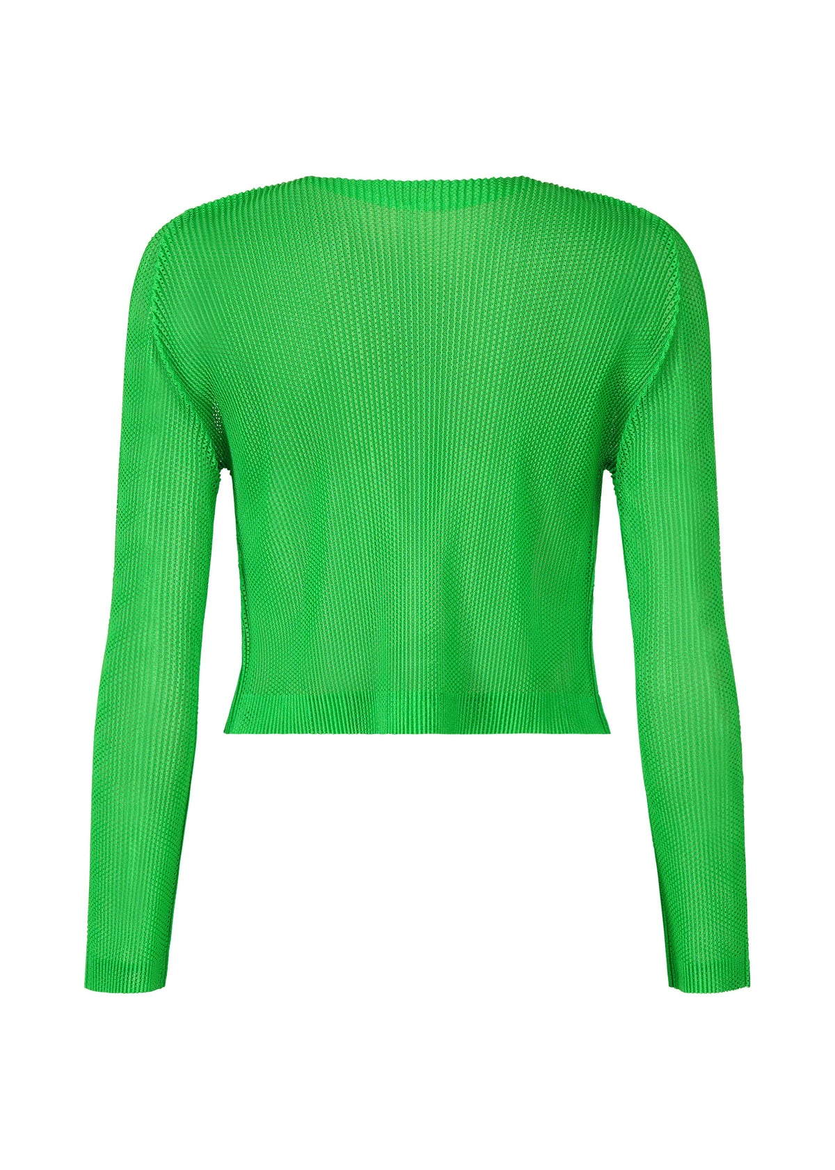 The PLEATS PLEASE ISSEY MIYAKE TATAMI APRIL top is a fitted, long-sleeved mesh piece in bright green, shown from the back against a white background. It features a crew neckline and a slightly cropped hem. view 4 of 7