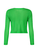 The PLEATS PLEASE ISSEY MIYAKE TATAMI APRIL top is a fitted, long-sleeved mesh piece in bright green, shown from the back against a white background. It features a crew neckline and a slightly cropped hem.