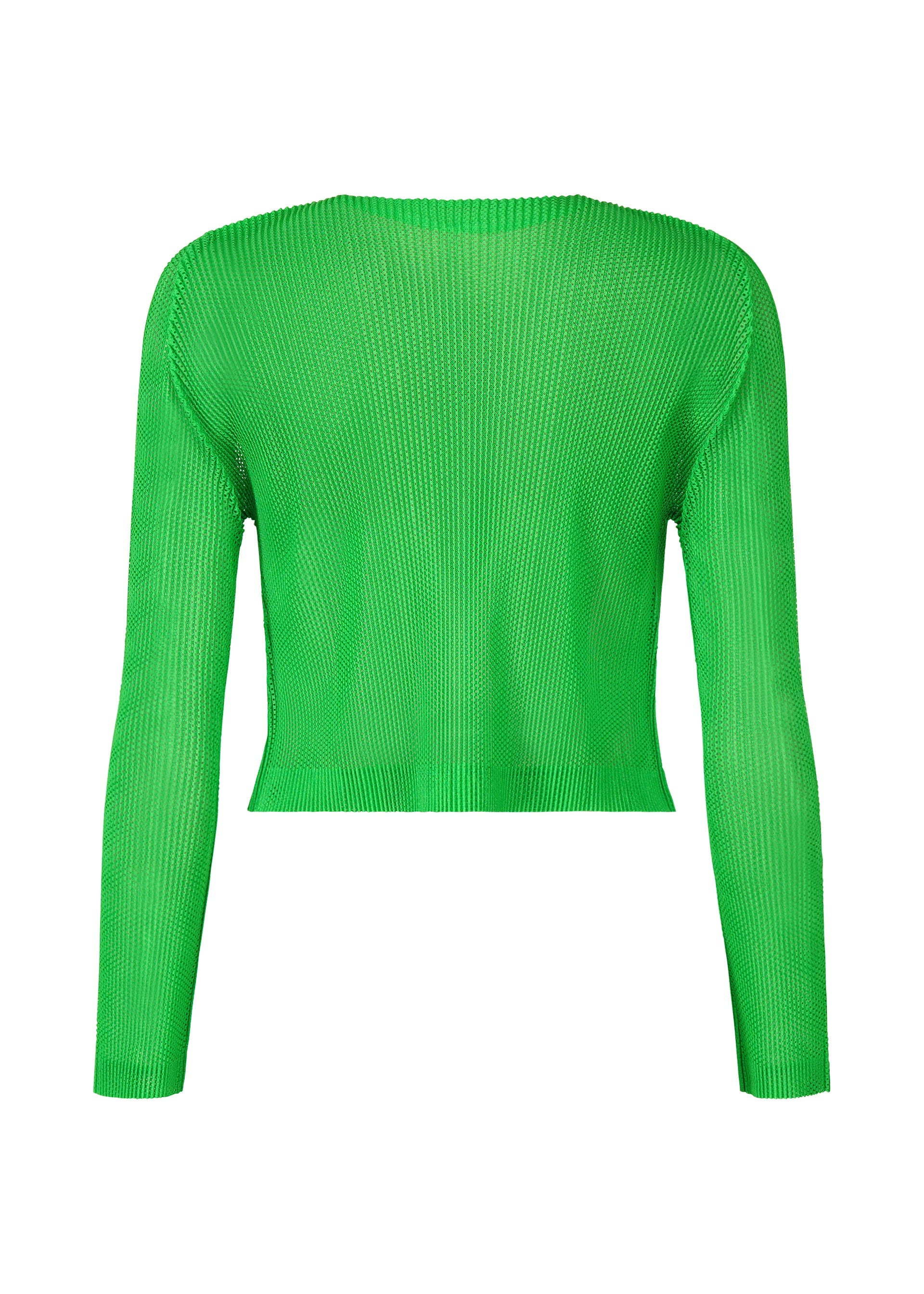 Zoomed view The PLEATS PLEASE ISSEY MIYAKE TATAMI APRIL top is a fitted, long-sleeved mesh piece in bright green, shown from the back against a white background. It features a crew neckline and a slightly cropped hem.
