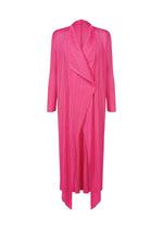The MONTHLY COLORS : JANUARY coat by PLEATS PLEASE ISSEY MIYAKE is a bright pink pleated design with an open front, waterfall draped collar, long sleeves, and a flowing, feminine silhouette. - HOT PINK （no.21）