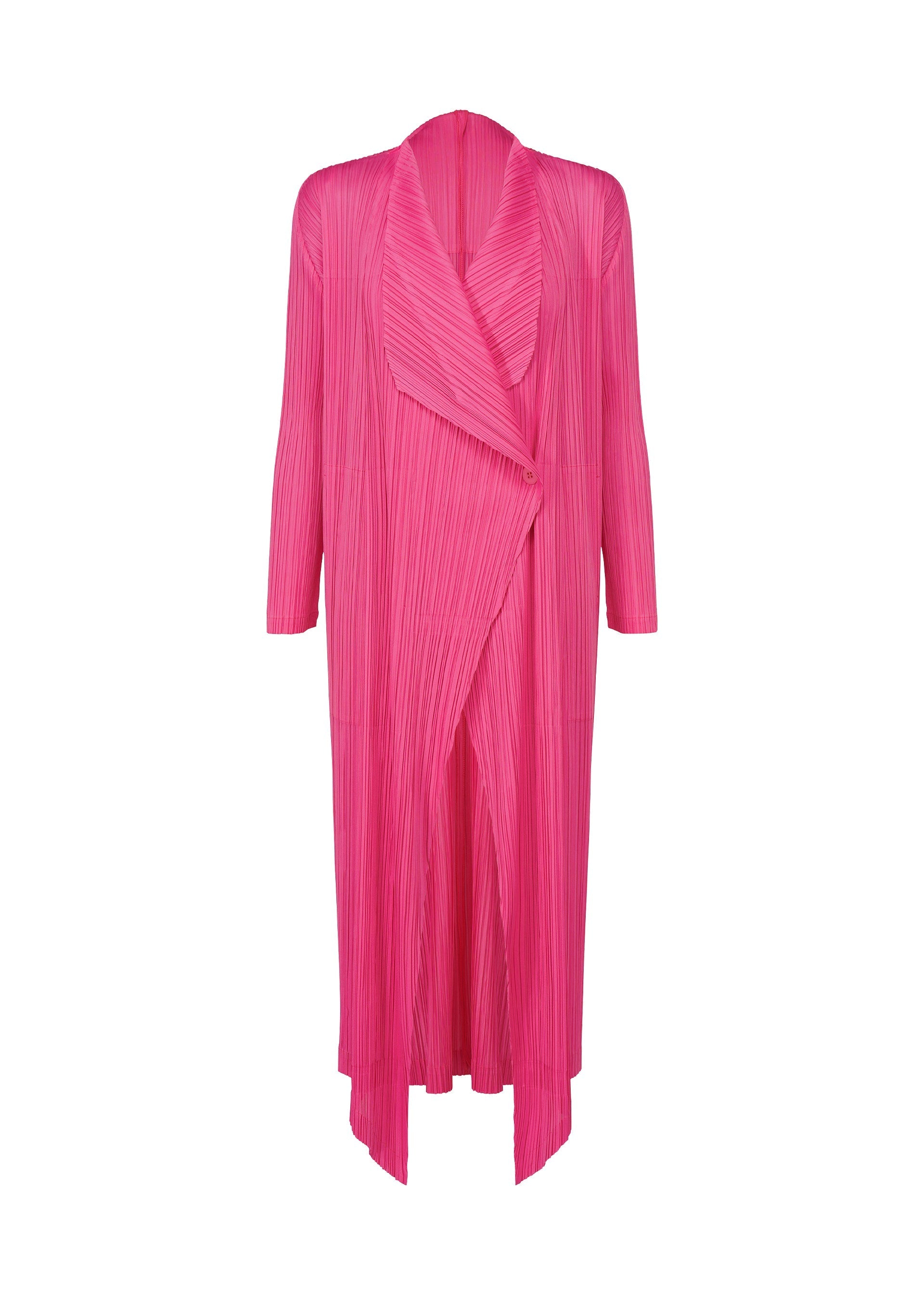 Zoomed view The MONTHLY COLORS : JANUARY coat by PLEATS PLEASE ISSEY MIYAKE is a bright pink pleated design with an open front, waterfall draped collar, long sleeves, and a flowing, feminine silhouette. - HOT PINK （no.21）