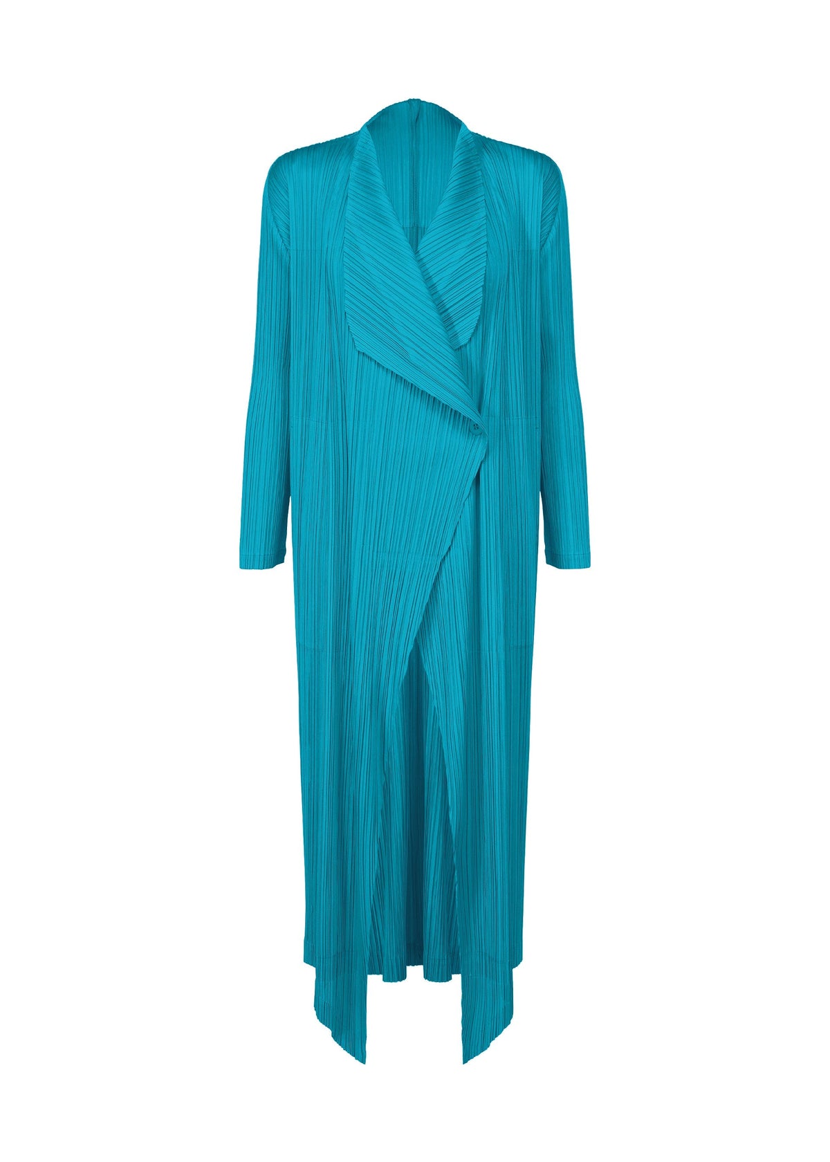 The MONTHLY COLORS: JANUARY coat by PLEATS PLEASE ISSEY MIYAKE is a long, teal, pleated layer with a draped collar and long sleeves in lightweight, textured fabric. Its open-front design is perfect for chic, effortless layering. view 4 of 10