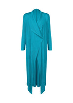 The MONTHLY COLORS: JANUARY coat by PLEATS PLEASE ISSEY MIYAKE is a long, teal, pleated layer with a draped collar and long sleeves in lightweight, textured fabric. Its open-front design is perfect for chic, effortless layering. - SKY BLUE （no.73）