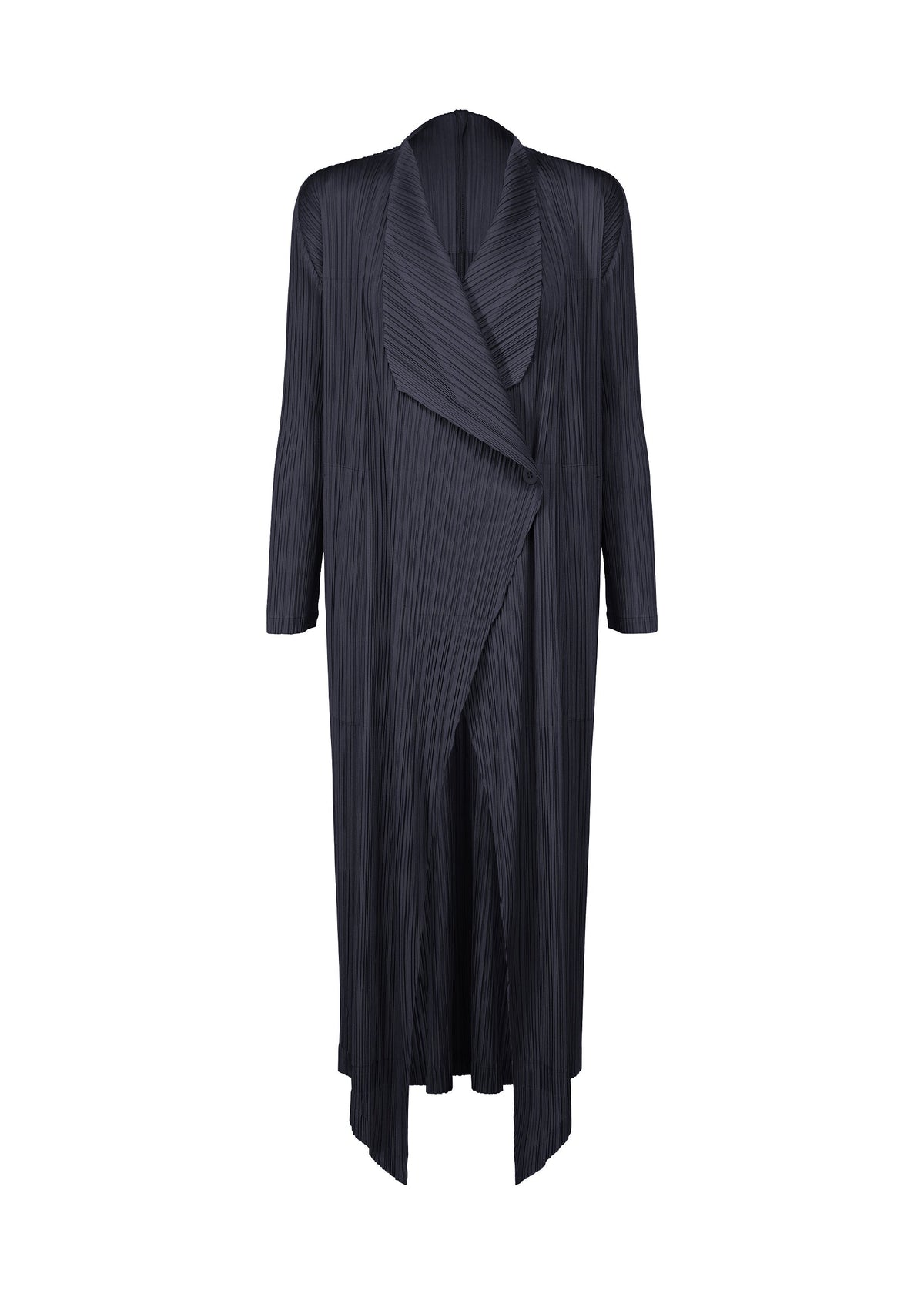 The PLEATS PLEASE ISSEY MIYAKE MONTHLY COLORS : JANUARY is a long black pleated coat with draped lapels and an asymmetrical hem, shown open-front and layered against a white background. view 5 of 10