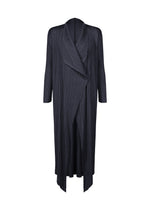 The PLEATS PLEASE ISSEY MIYAKE MONTHLY COLORS : JANUARY is a long black pleated coat with draped lapels and an asymmetrical hem, shown open-front and layered against a white background. - DARK NAVY （no.78）